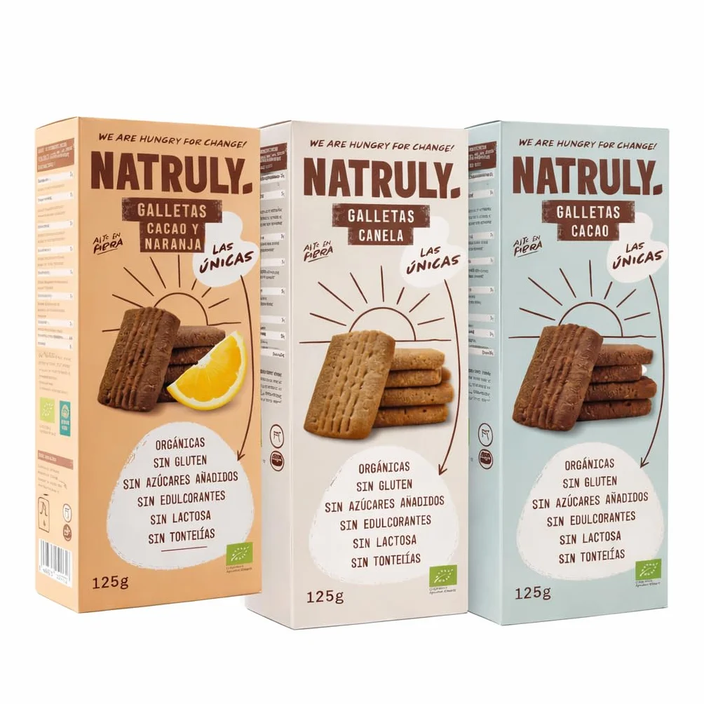 Pack 3 Galletas Natruly Bio 125 g (375 g) | Cacao, Cacao y Naranja y Canela | Ecológicas, veganas y sin gluten | Sin azúcares añadidos ni edulcorantes