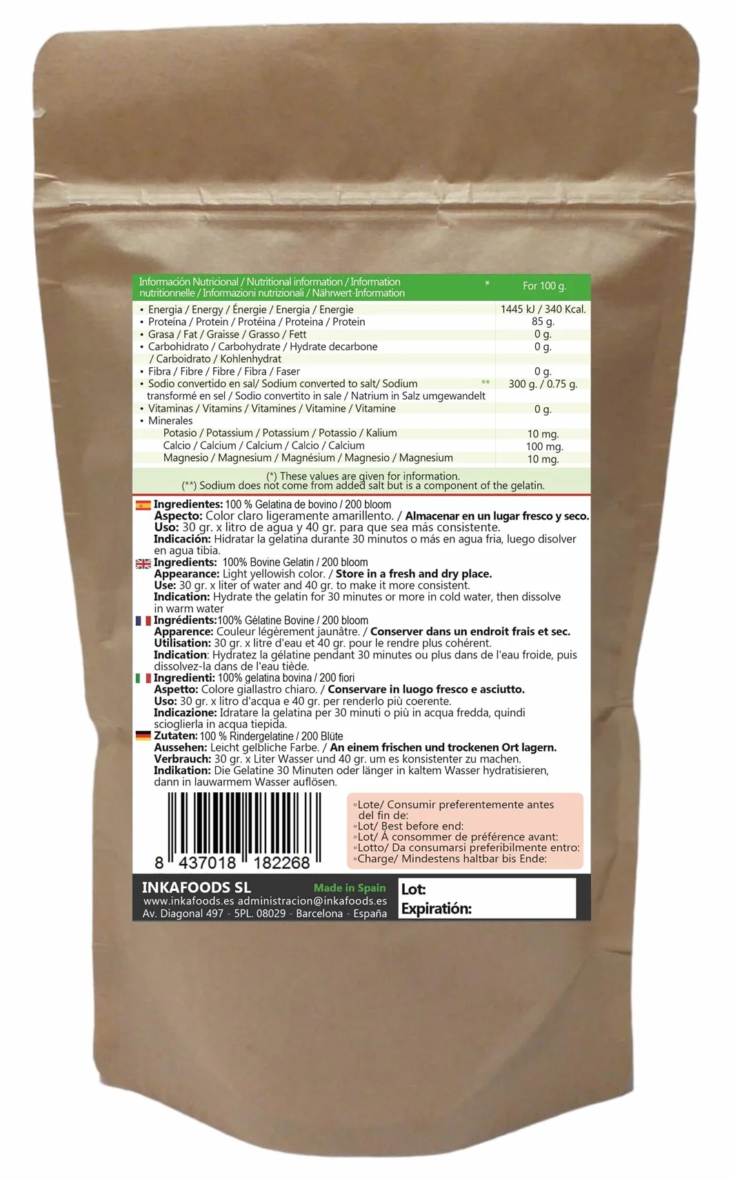 Gelatina granulada de bovino 200 bloom sabor neutro 1kg