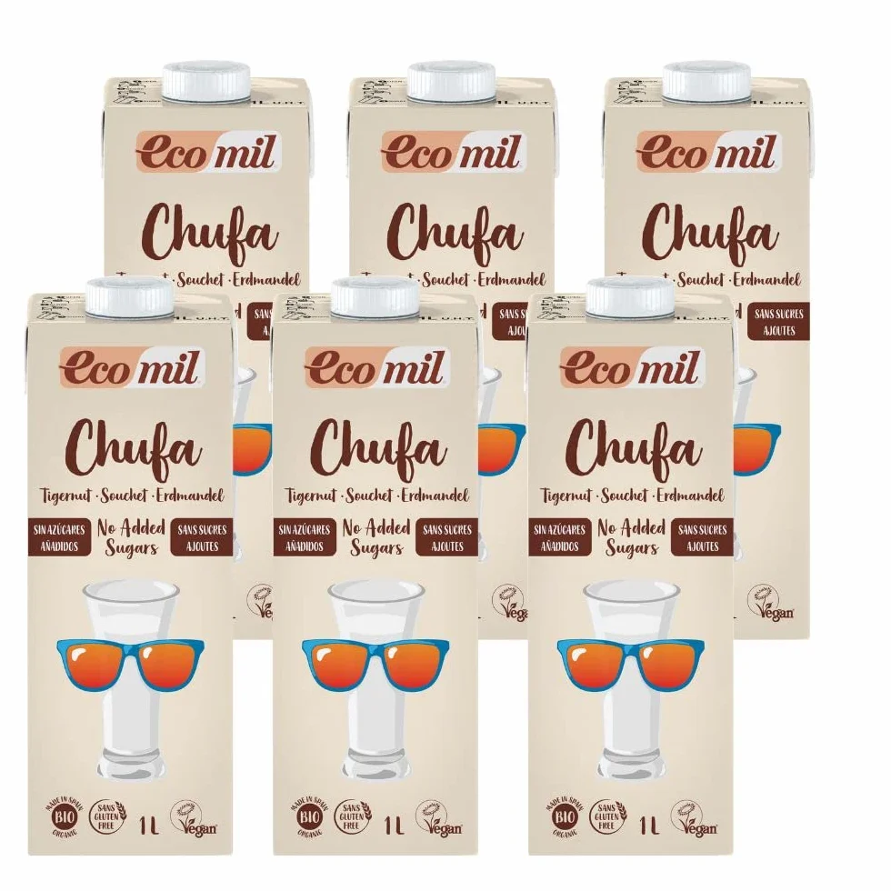 Ecomil - Bebida Vegetal de Chufa BIO, Sin Azúcares Añadidos, Vegano, Sin Lactosa, Sin Gluten - Pack 6 unidades de 1L