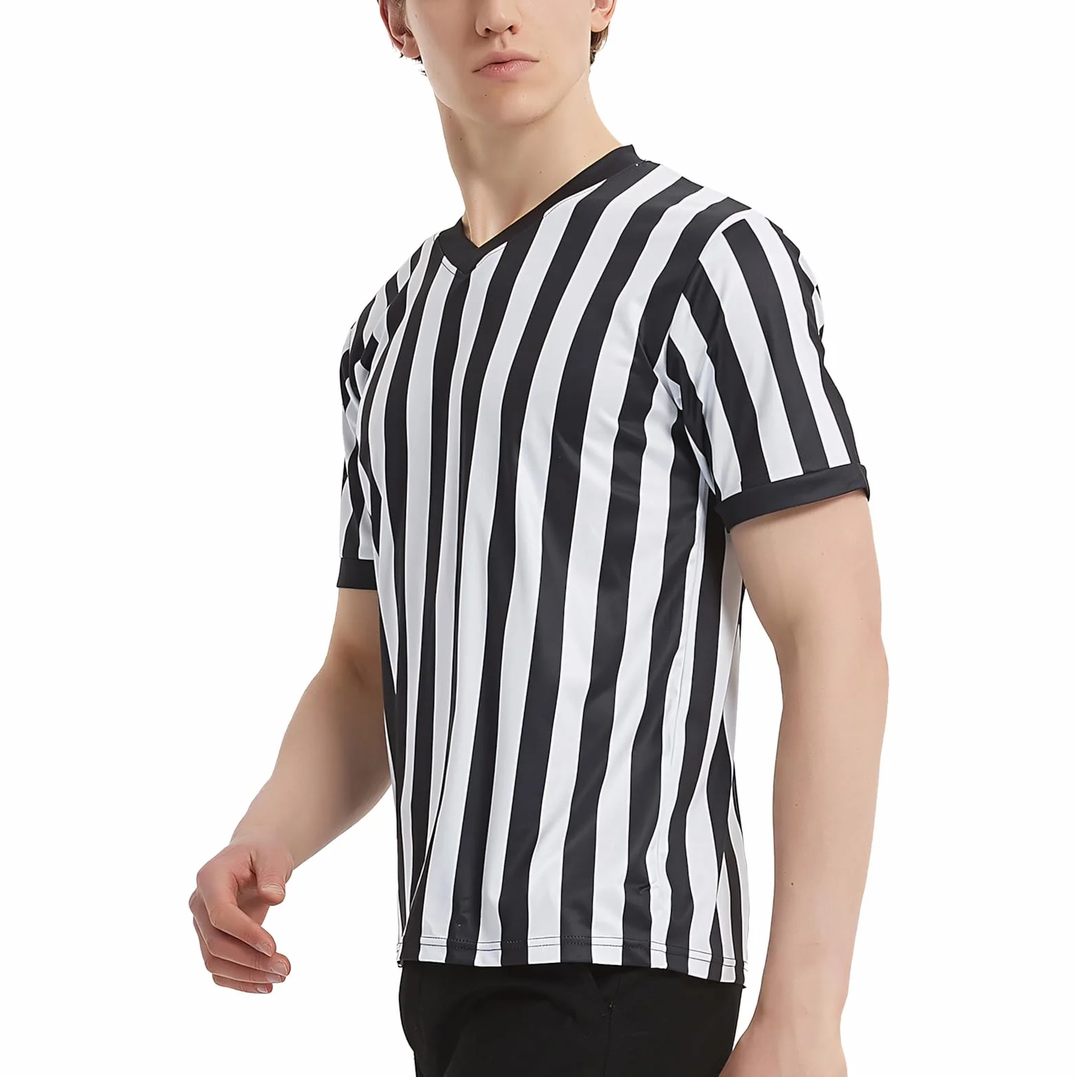 TopTie Camiseta de Árbitro Hombre Cuello de Pico Rayas Clásicas Blanco y Negro