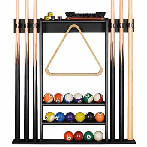 XCSOURCE Soporte de pared para 6 tacos de billar con juego de bolas, madera de bambú