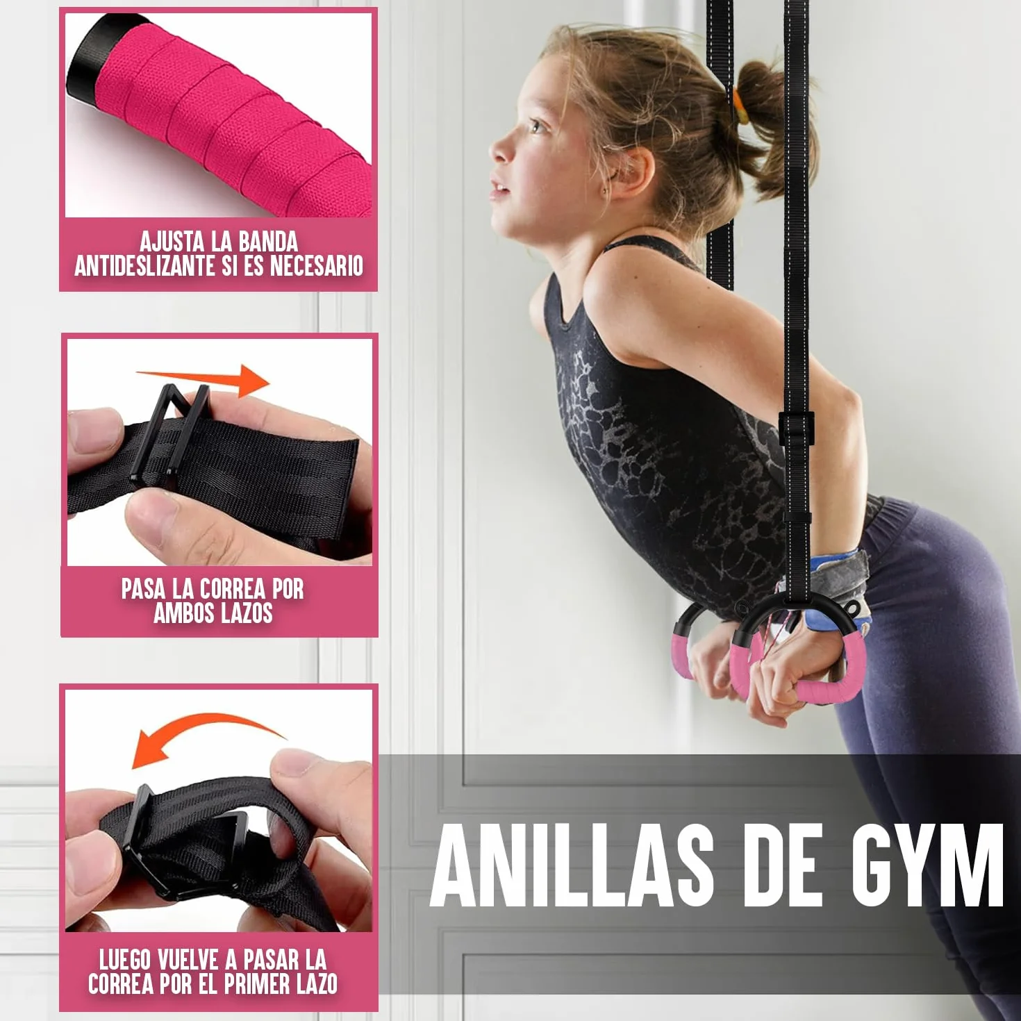 Gym Bar Barra Gimnasia Infantil Violeta Anillas Rosas 13 Niveles Ajustables 90-150 cm Acero Madera Haya Correas Antideslizantes Fitness
