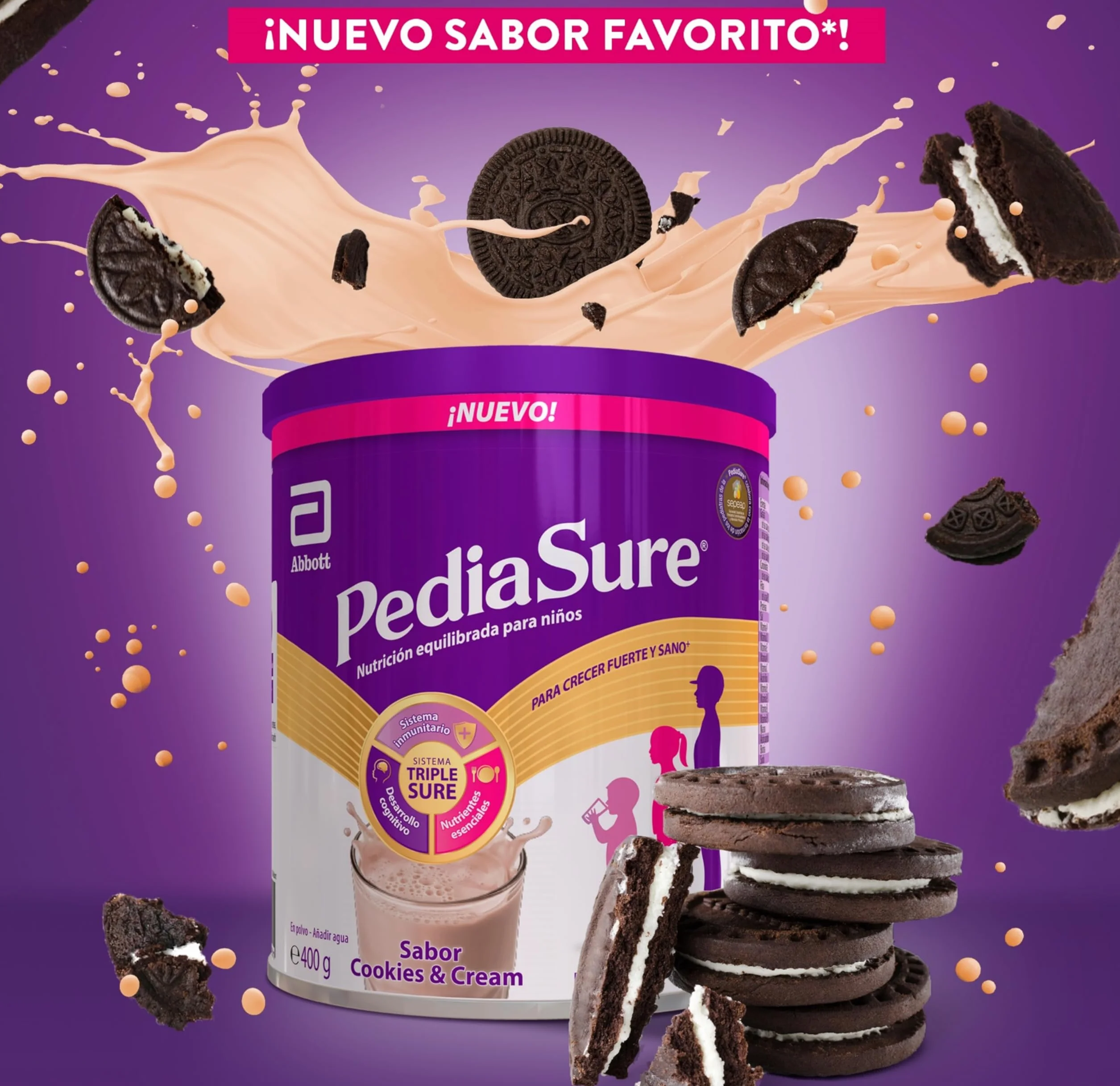 PediaSure – Sabor Cookies & Cream – Complemento Alimenticio para Niños con Proteínas, Vitaminas y Minerales – 850 gr