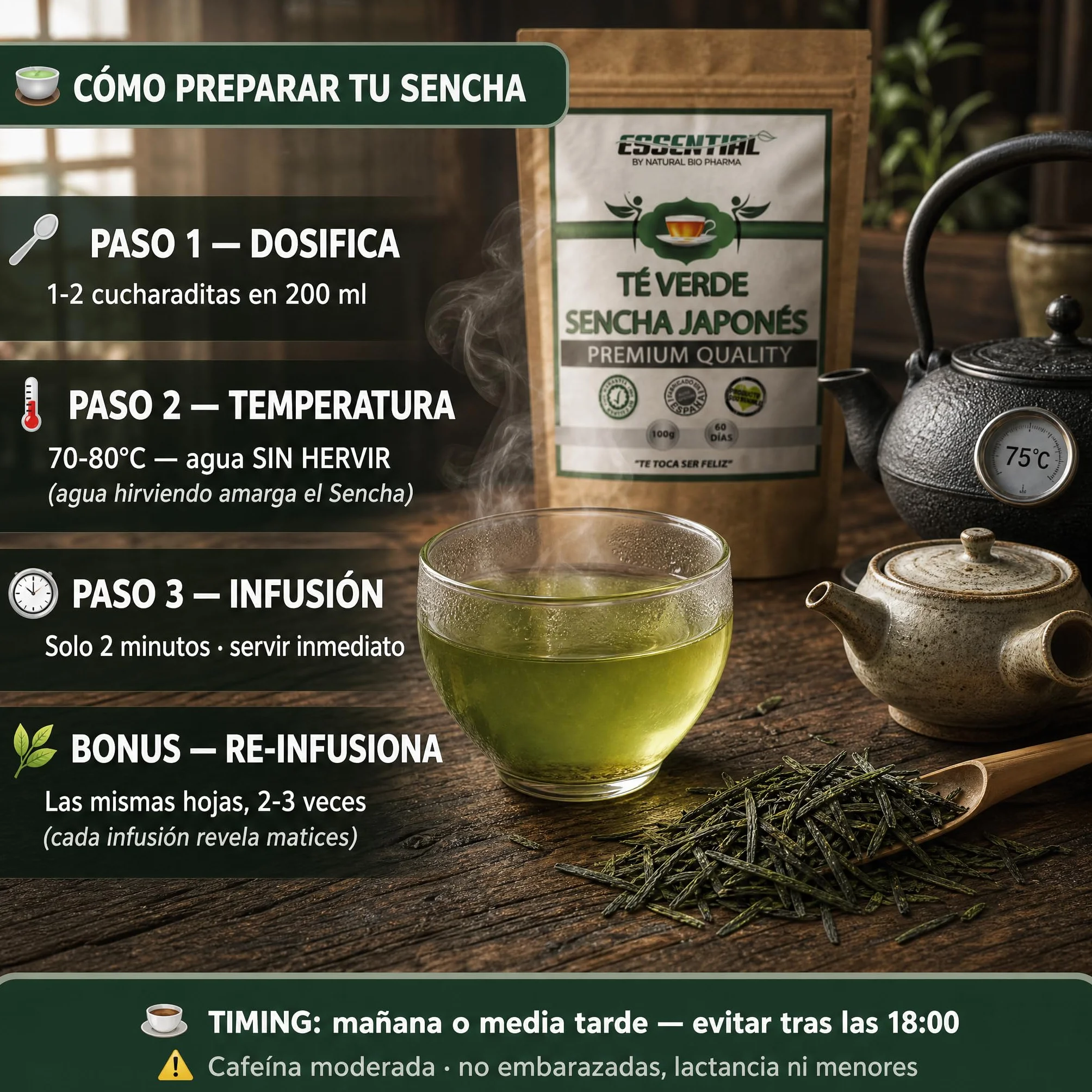 Té Verde Sencha Japonés 100% Natural y Orgánico. Potente Quemagrasas con Efecto Adelgazante y alto contenido de Antioxidantes (refuerza tu Sistema Inmunológico). Detox Té.