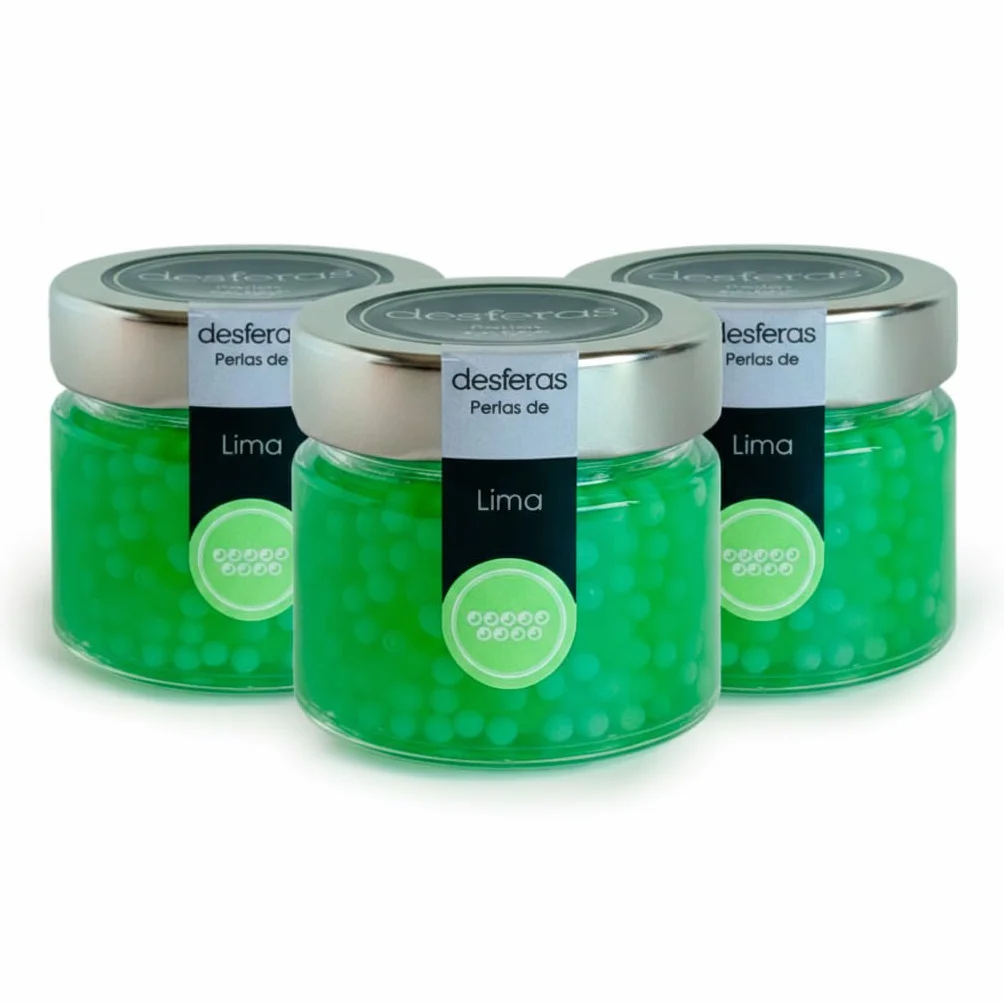 Esferificaciones de sabores. Esferas de Lima. Perlas elaboradas con lima seleccionada. Pack de 3 botes x 80grs cada uno. Perlas de Lima para combinar en sus creaciones culinarias. Productos Gourmet.