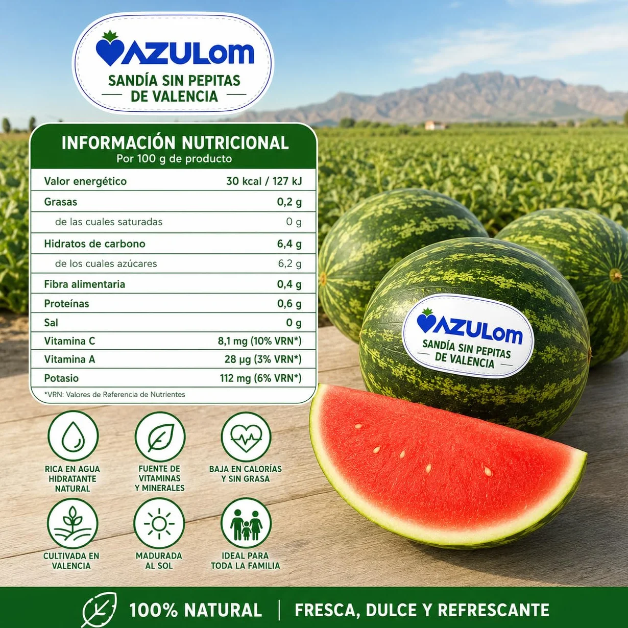Sandía Dulce de Valencia Sin Pepitas AZULOM 15 kg - Fresca y Jugosa