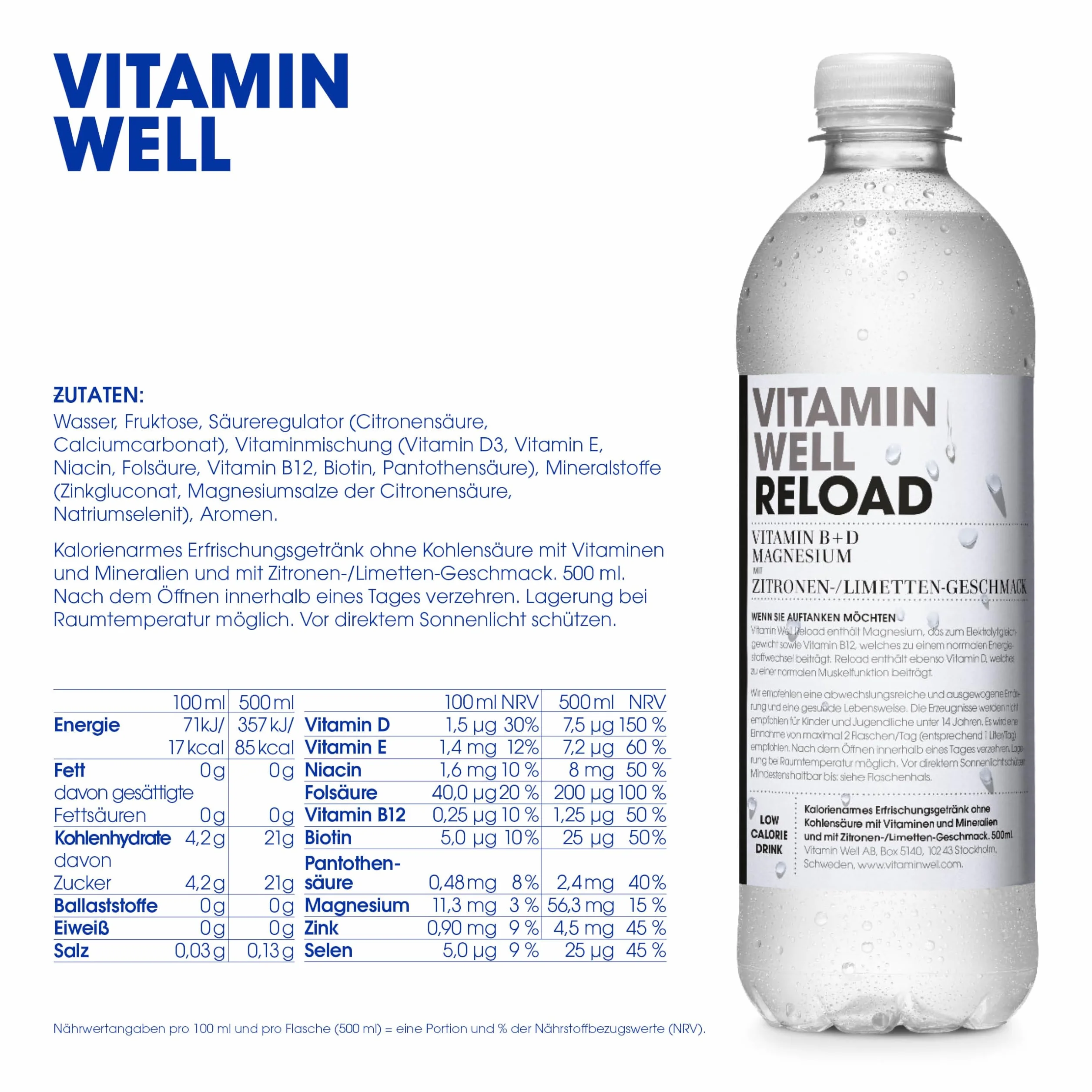 Vitamin Well Vitamina agua con sabor – Vitamina B, vitamina D – bebida funcional y baja en calorías, enriquecida con ingredientes funcionales – 12 x 500 ml con depósito (recarga)