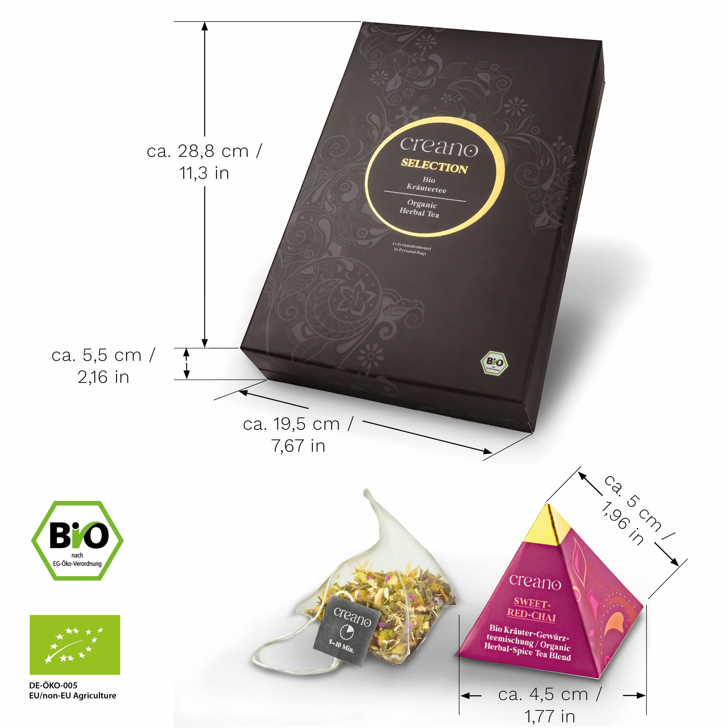 Creano Set de Regalo de Té Bio Orgánico Infusión de Hierbas 24 Bolsitas Piramidales 9 Variedades Sin Cafeína