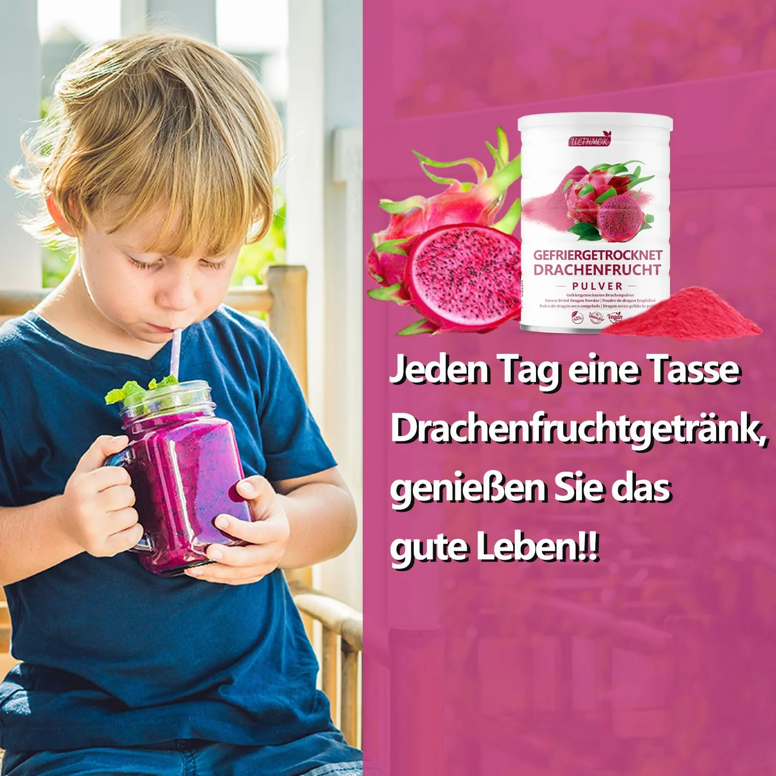 ULTHMOK Polvo Premium de Jugo de Pitaya 450g – Polvo de Pitaya de Secado por Atomización, Sin Azúcar Añadido