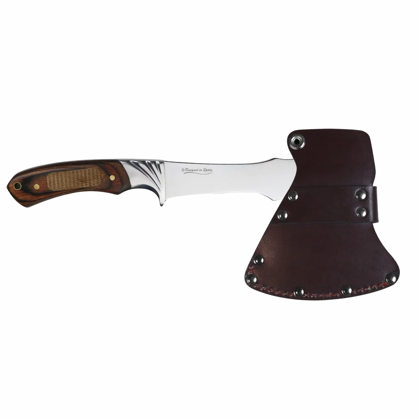 iFIELD Hacha Deportiva Camper EL29001, Hoja de Acero INOX 9,5 cm, Total 29,5 cm, Funda de Piel, Mango Stamina Decorada CNC