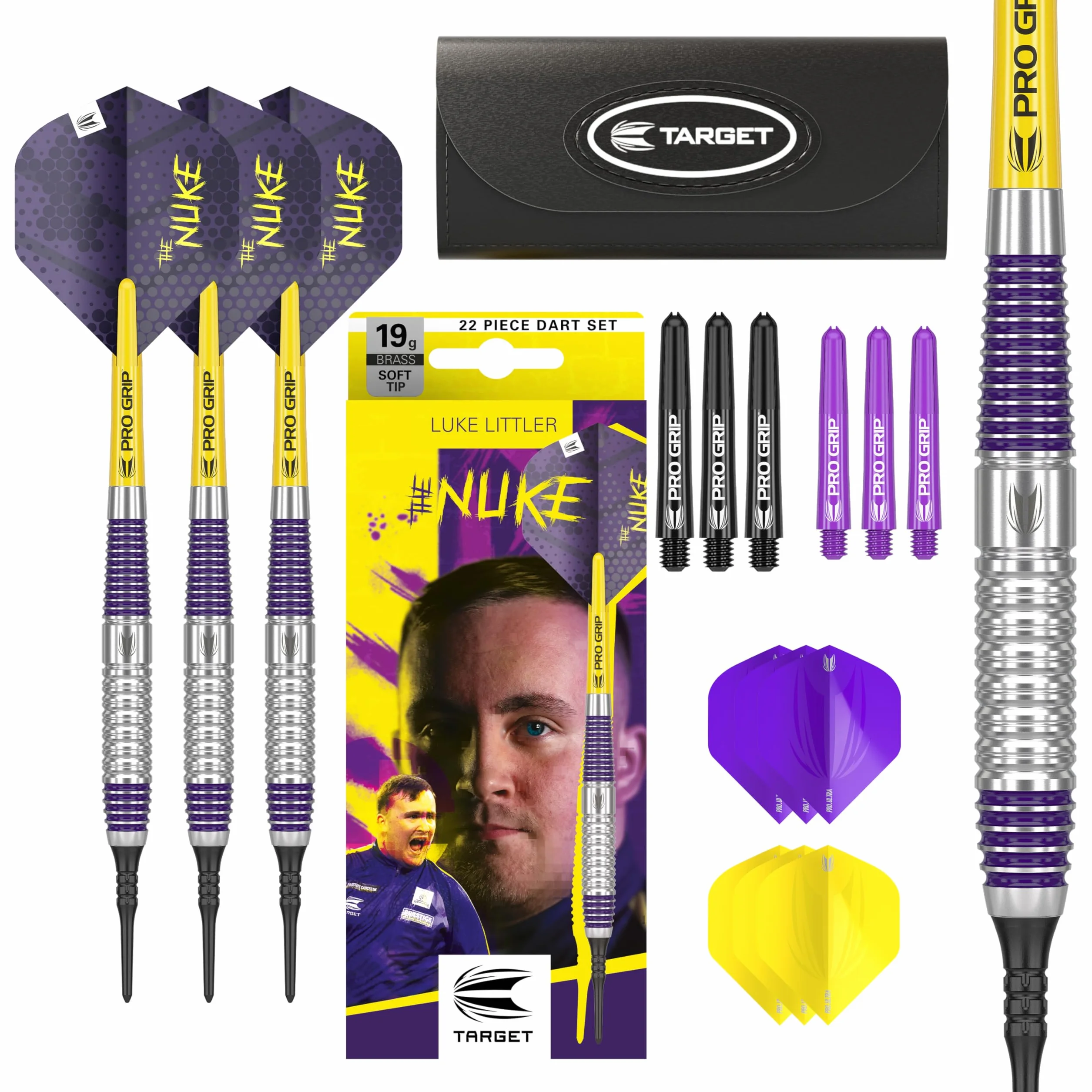 Target Darts Luke Littler Set Dardos Punta Blanda Latón 19G The Nuke Player Edition con Plumas Cañas Estuche