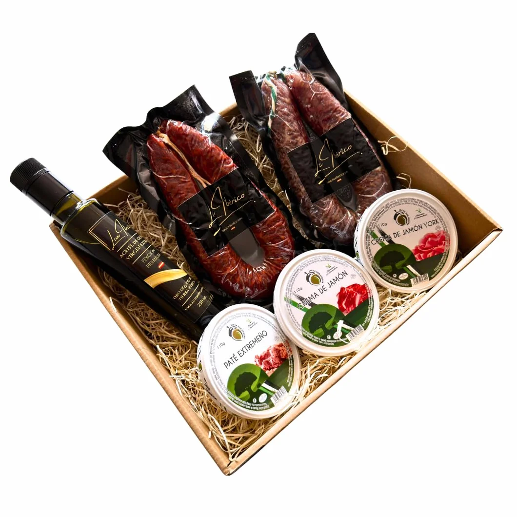 Cesta Regalo Galileo - Embutidos, Patés Extremeños y Aceite de Oliva | Chorizo y salchichón ibérico, tres patés extremeños y aceite de oliva virgen extra. Aperitivo variado listo para regalar.