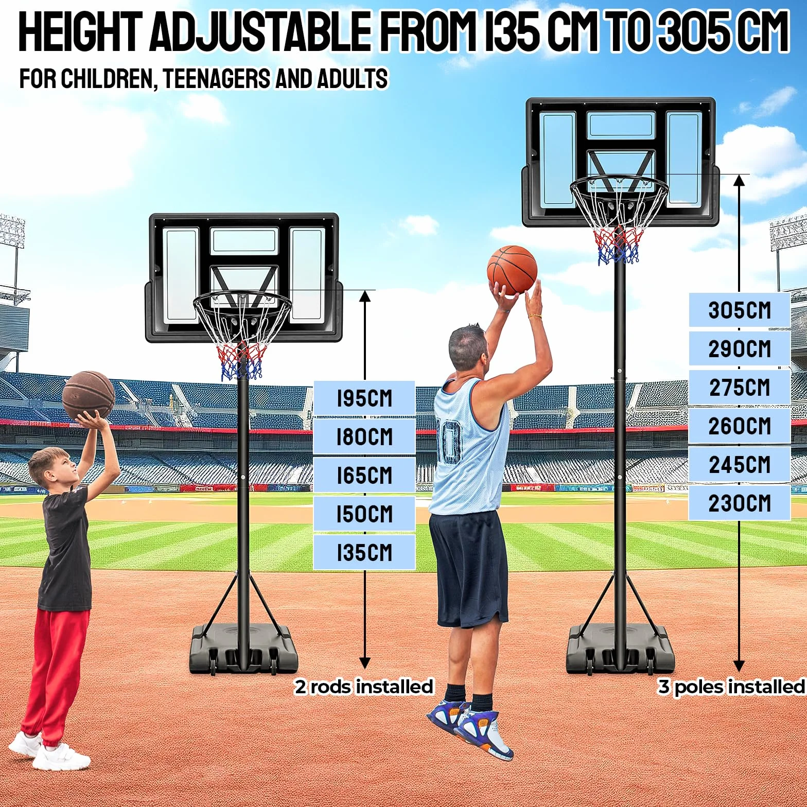 Canasta de Baloncesto Exterior Ajustable 230-305 cm Portátil Tablero Irrompible 110 cm Negro