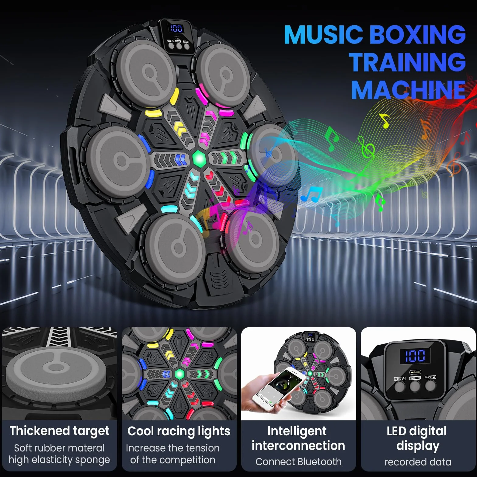 Maquina de Boxeo Musical Bluetooth con Guantes, Luces LED, 5 Velocidades, Entrenamiento Multimodo