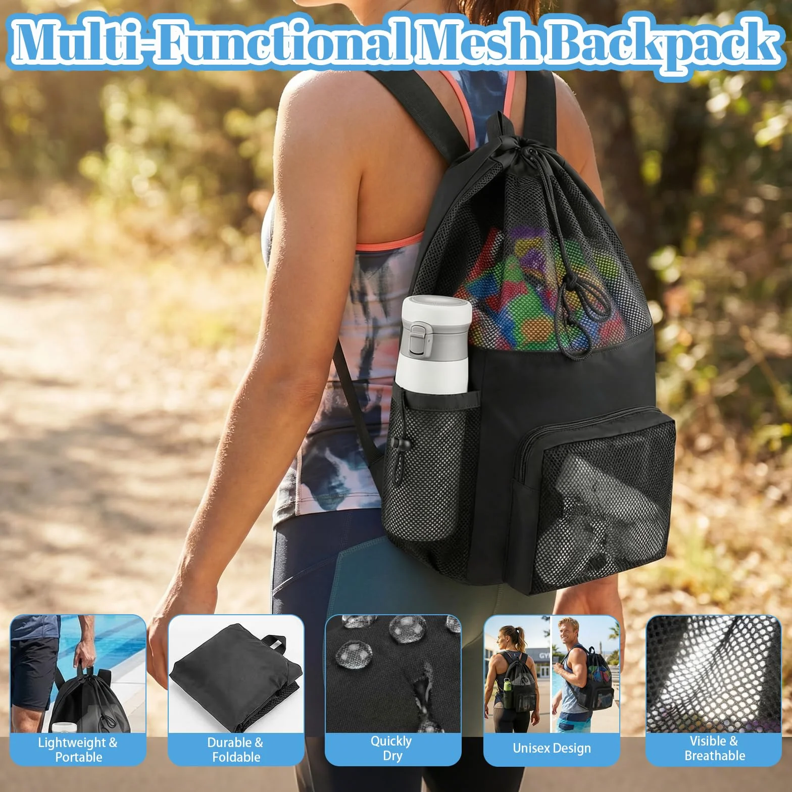 Mochila de malla para natación con cordón, Bolsa de playa ajustable para hombres y mujeres