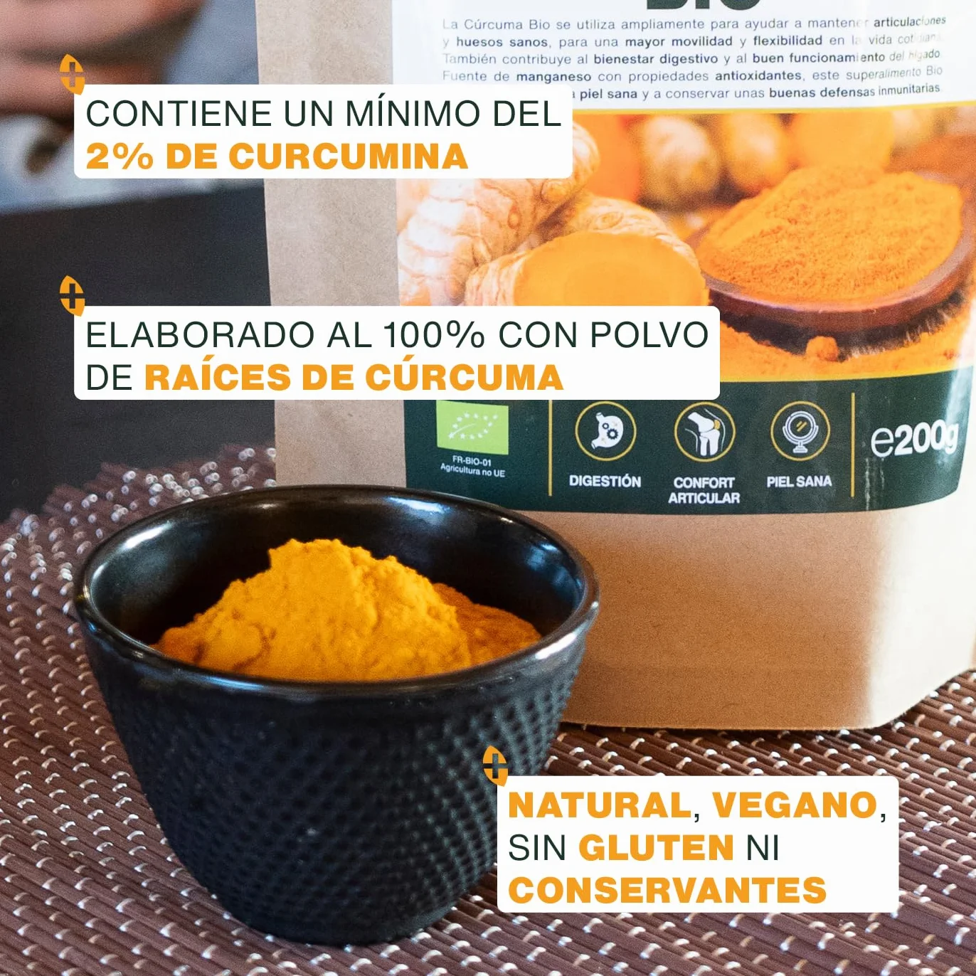 Cúrcuma en polvo Bio 200G | 100% Raíces de Cúrcuma Orgánica con Curcumina | Articulaciones, Digestión | Para Comidas, Golden Latte | Primera Calidad