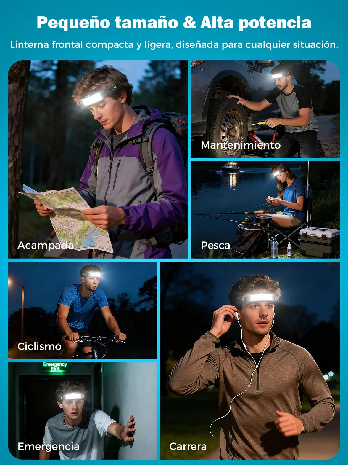 Linterna Frontal LED Recargable 2400 mAh 6 Modos Haz Ancho Foco Ajustable Sensor Movimiento Ciclismo Pesca Camping Correr