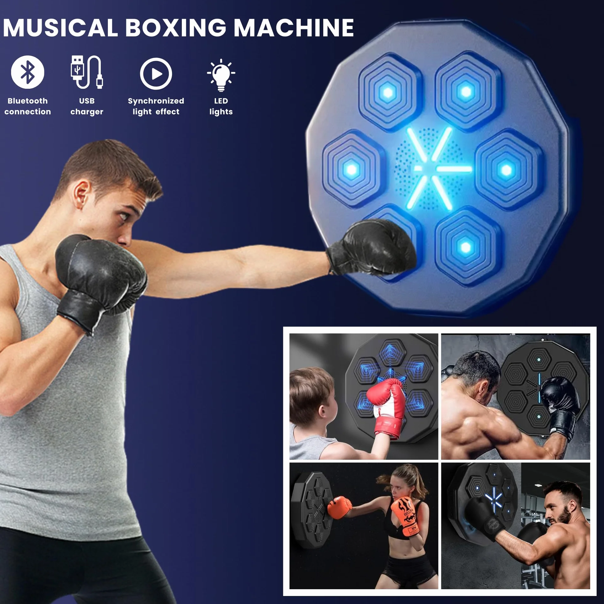 MAGIC SELECT Máquina de Boxeo Musical, Almohadilla de Boxeo LED con Bluetooth, 42x42x7 cm