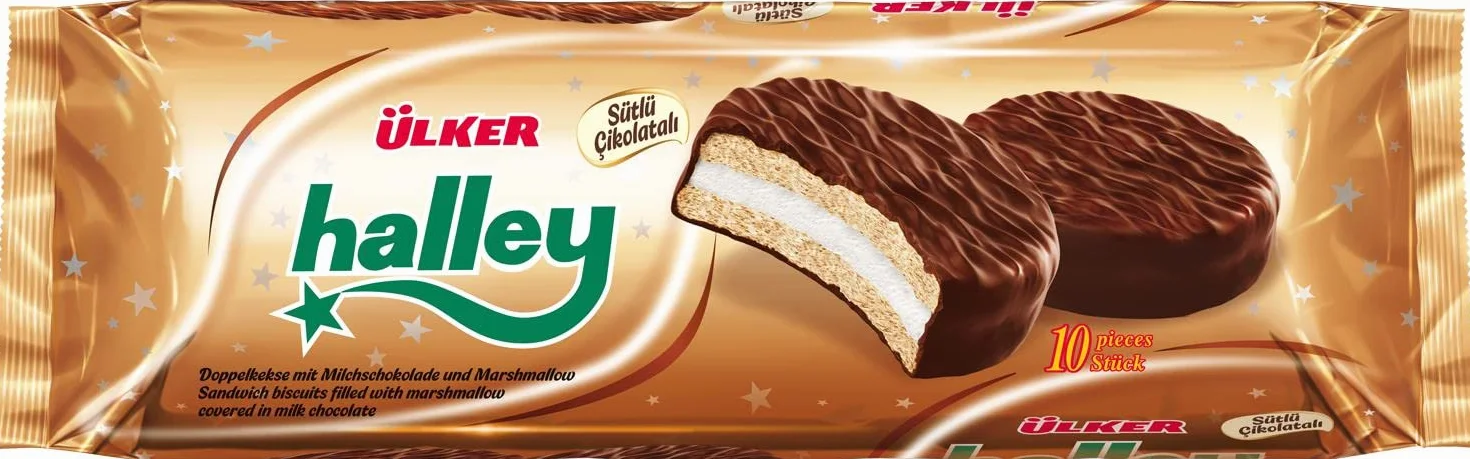 Ülker Halley Galletas Rellenas de Malvavisco Cubiertas de Chocolate con Leche - Ideal como Pastas de Té y Merienda Niños - Snacks Dulces Fáciles de Llevar en la Bolsa de Merienda – Pack de 10 x 30 g