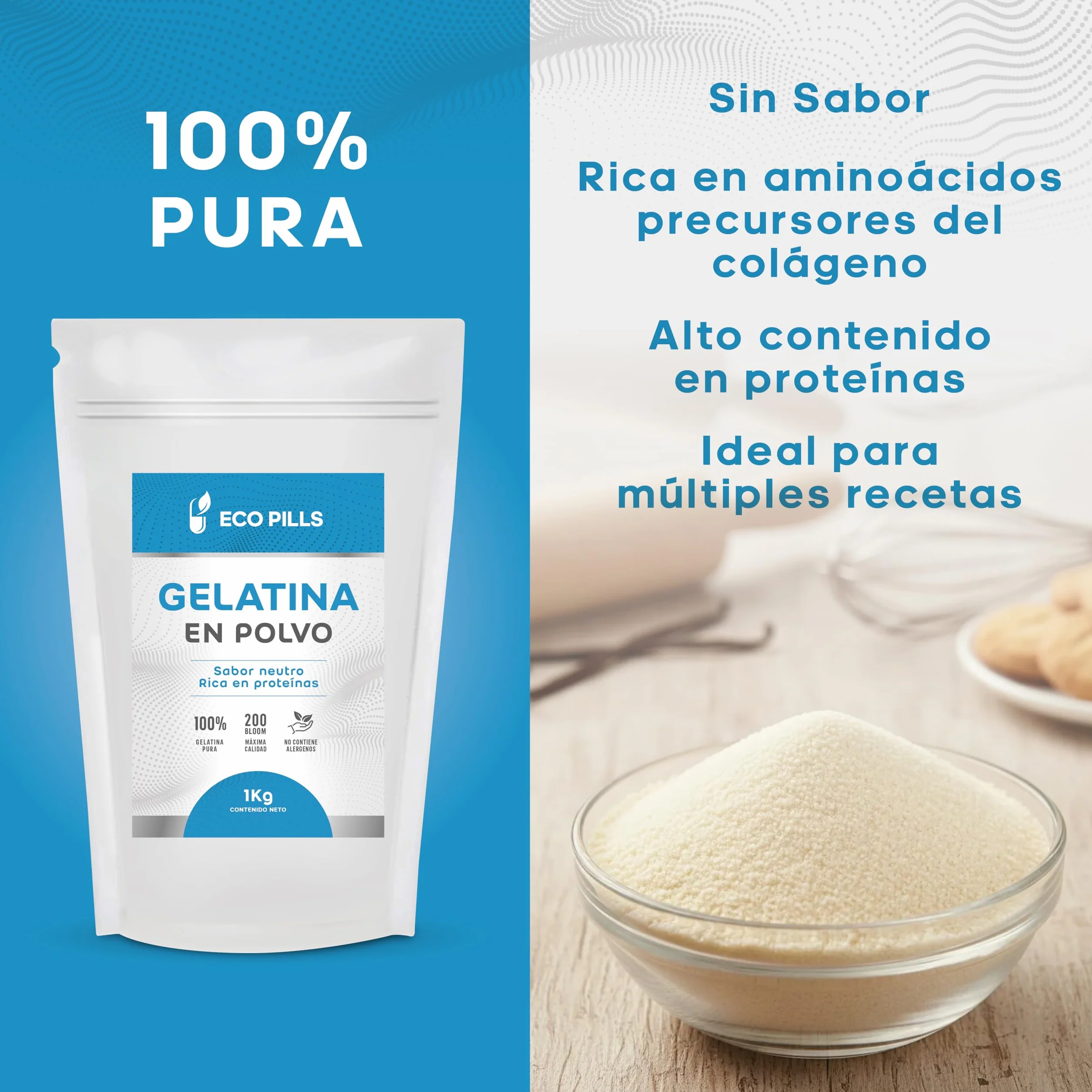 Gelatina en Polvo 1 kg, Sin Sabor, 220 Bloom, 100% Pura, Alta en Proteínas, Fácil de Disolver, Ideal para Repostería, Postres, Batidos, Caldos y Sopas (1Kg)