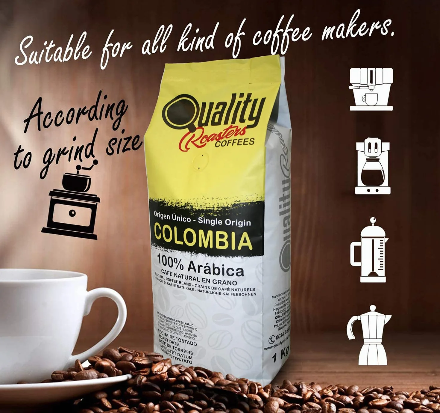 Café en grano natural. 100% Arabica. Origen único Colombia, Tostado artesanal. Tueste Medio. 1Kg
