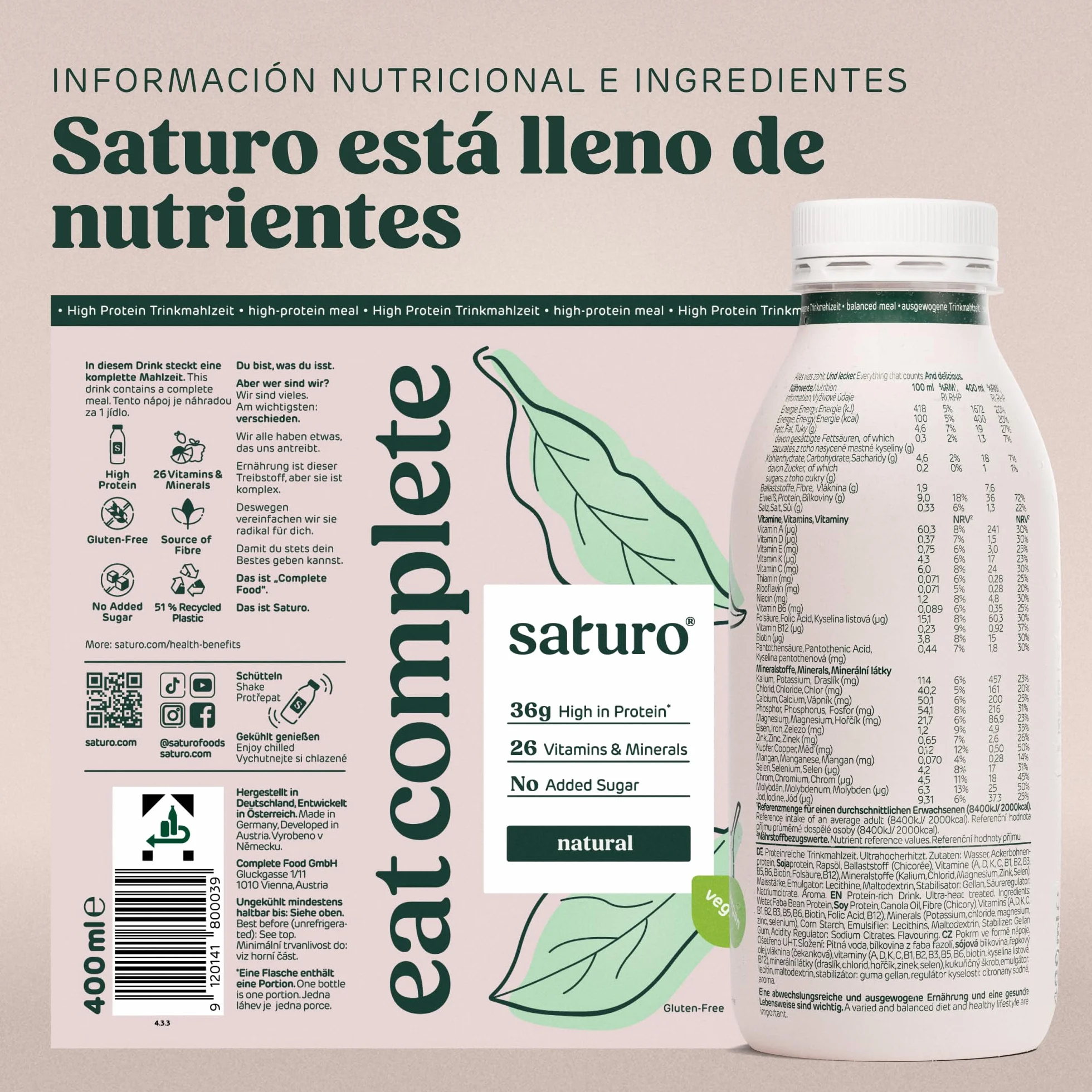 Saturo Batido de Original Sustituto de Comida | Comida para astronautas con proteínas y 500kcal | Vegano | Comida bebible con nutrientes esenciales | 6 x 500 ml