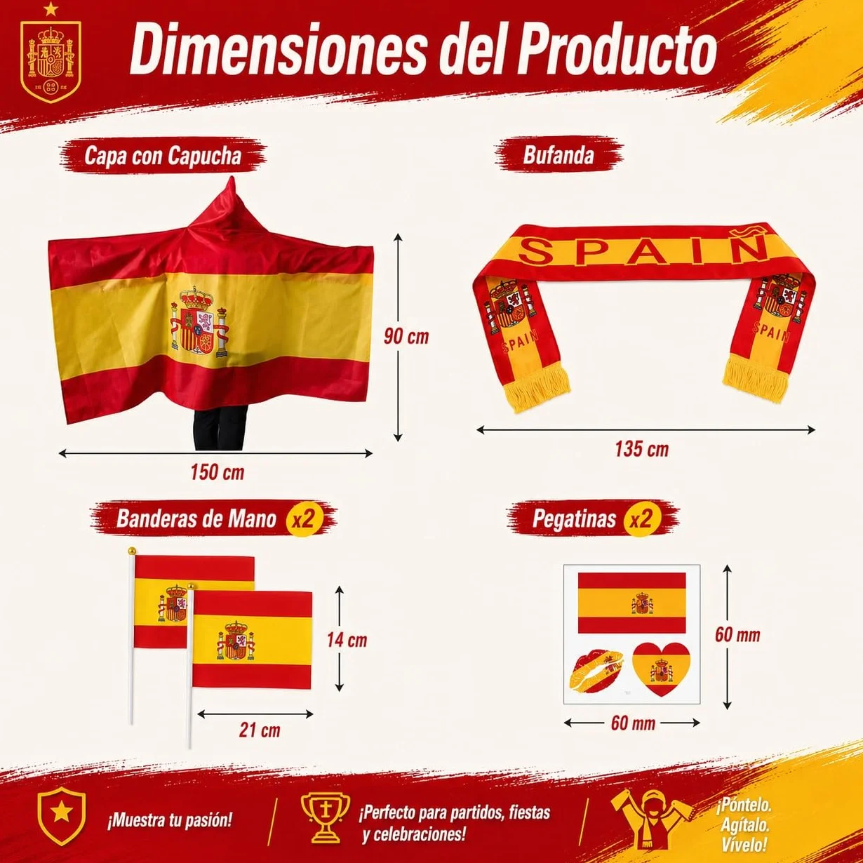 Kit Animación Mundial 2026 Capa Bandera España Bufanda Pegatinas Banderines Mano Celebración Partidos Estadio
