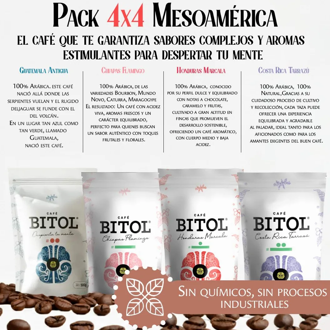 Cafés Bitol Pack 4 Cafe Mesoamérica 500 gr c/u | Costa Rica Tarrazú, Marcala Honduras, Flamingo Chiapas y Guatemala Antigua | Notas de Cítricos, Frutas, Caramelo y Cacao