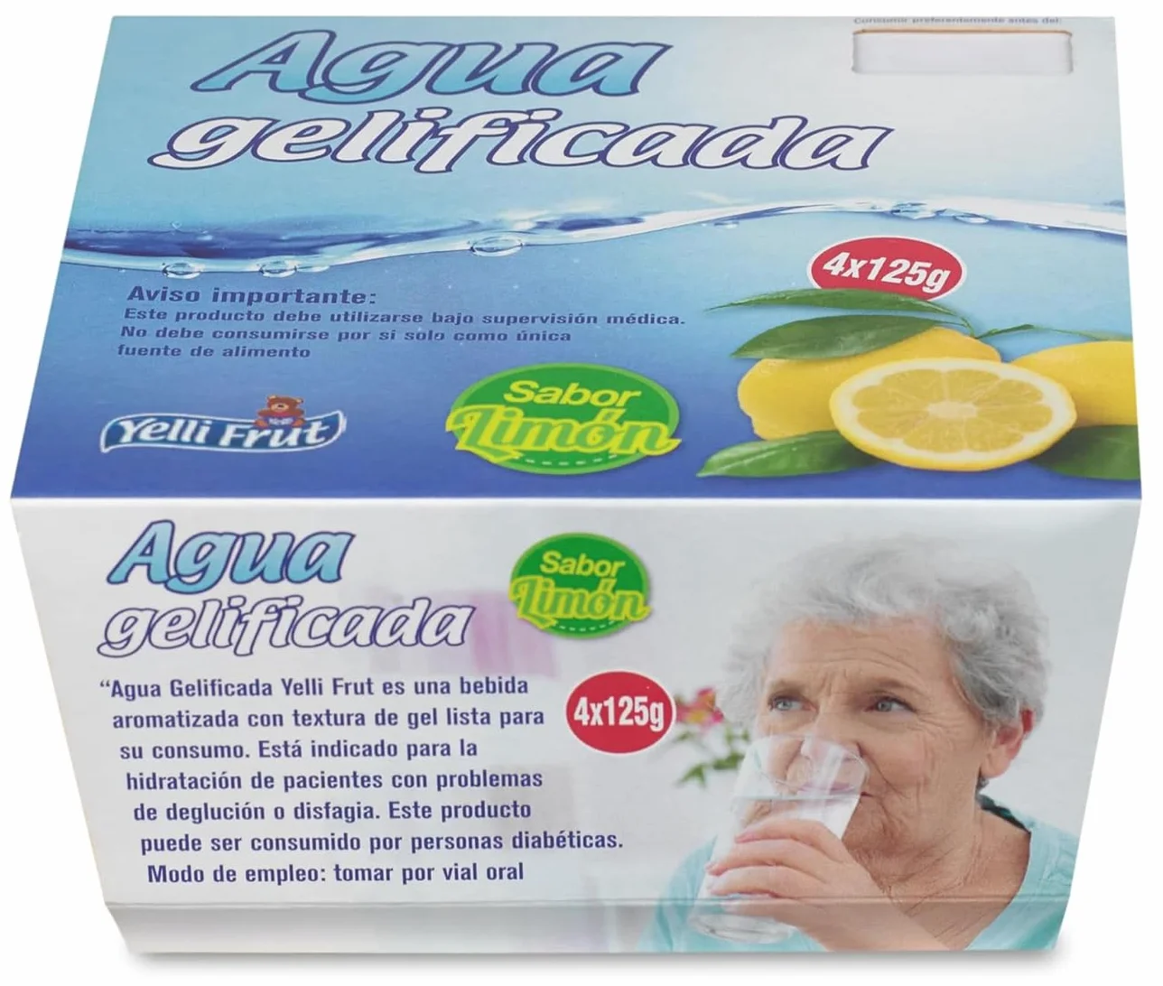 Agua gelificada. Espesante para disfagia. 3 Sabores en tarrina 125 gramos. Pack de 6x4 = 24 tarrinas. Agua gelificada disfagia sabores. Aguas gelificadas para hidratar con plena seguridad. (24, Limón)