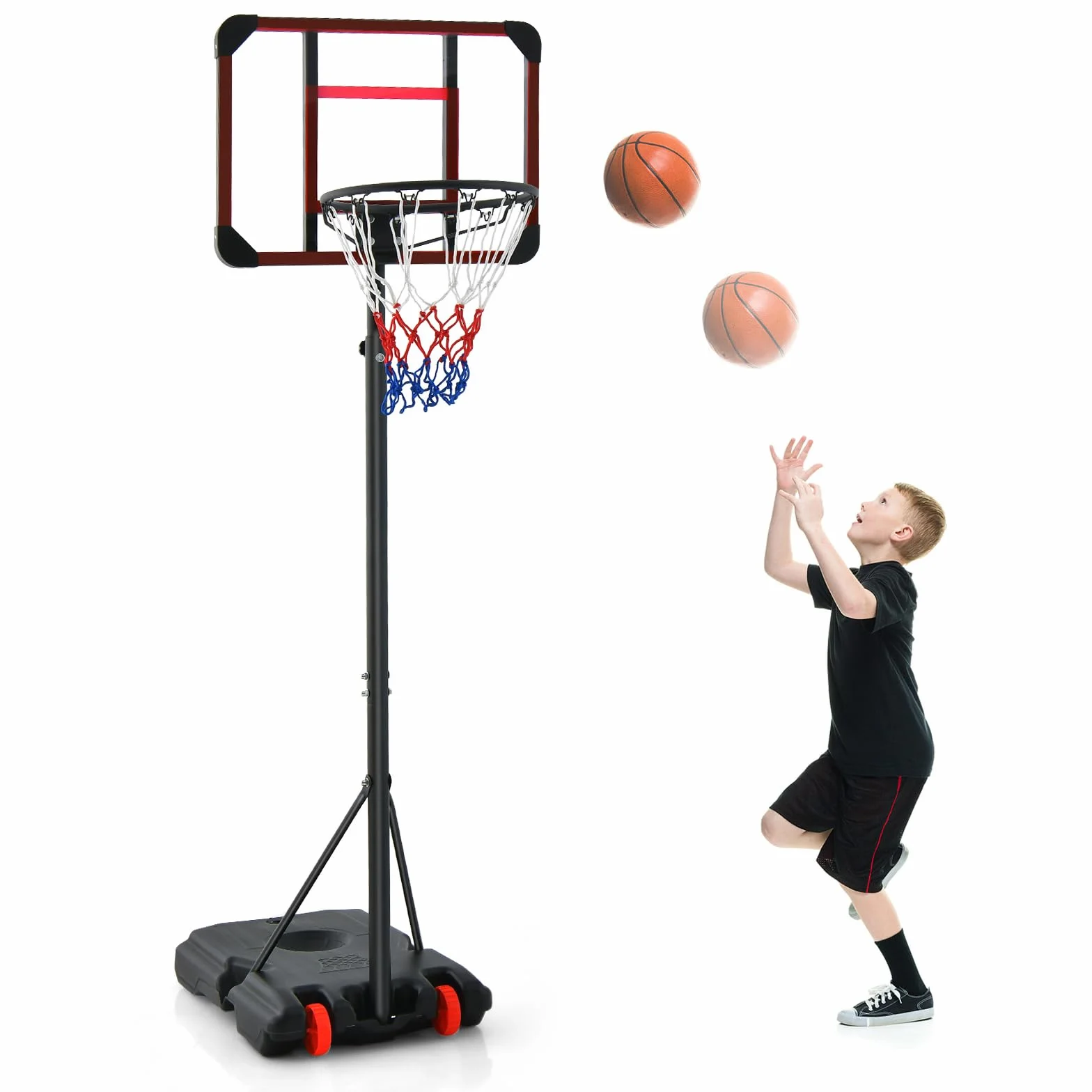 COSTWAY Canasta de Baloncesto Altura Ajustable 193-248 cm Rellenable de Arena y Agua Móvil con Ruedas Portátil PC Interior Exterior