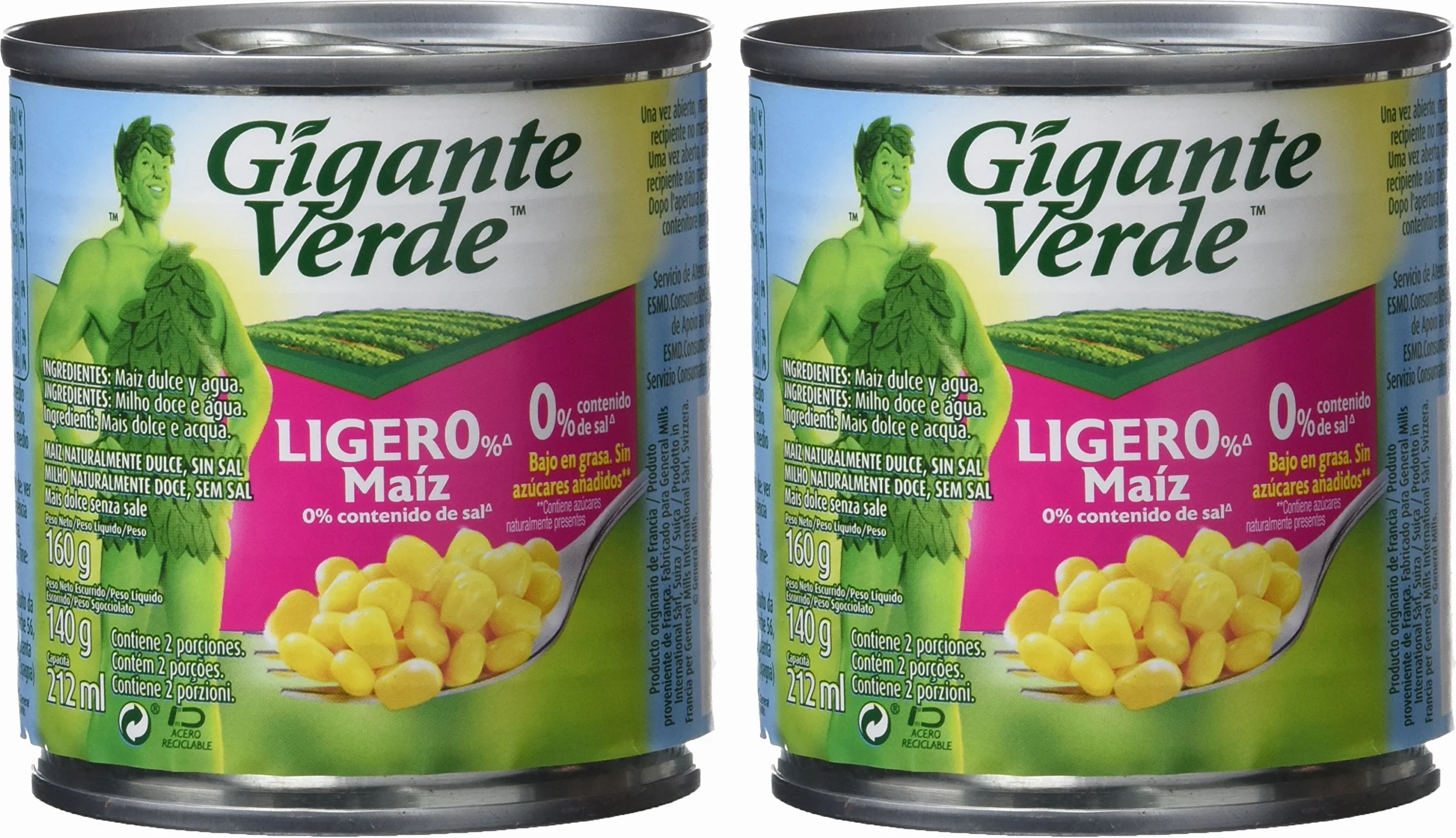 Gigante verde bipack lata de maíz dulce ligero% (0% sal) 2x160g