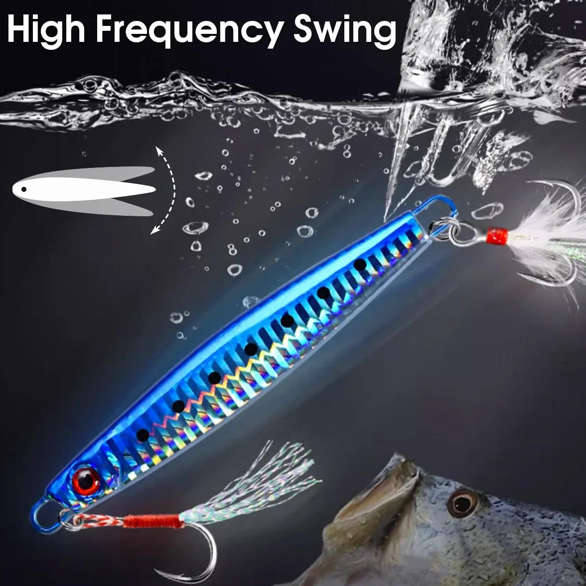 Señuelos de Pesca de Mar Hundimiento Profundo WASAGA 4 Piezas 60-180g Cebo Giratorio Metal Duro para Atún Salmón Mero Jigging