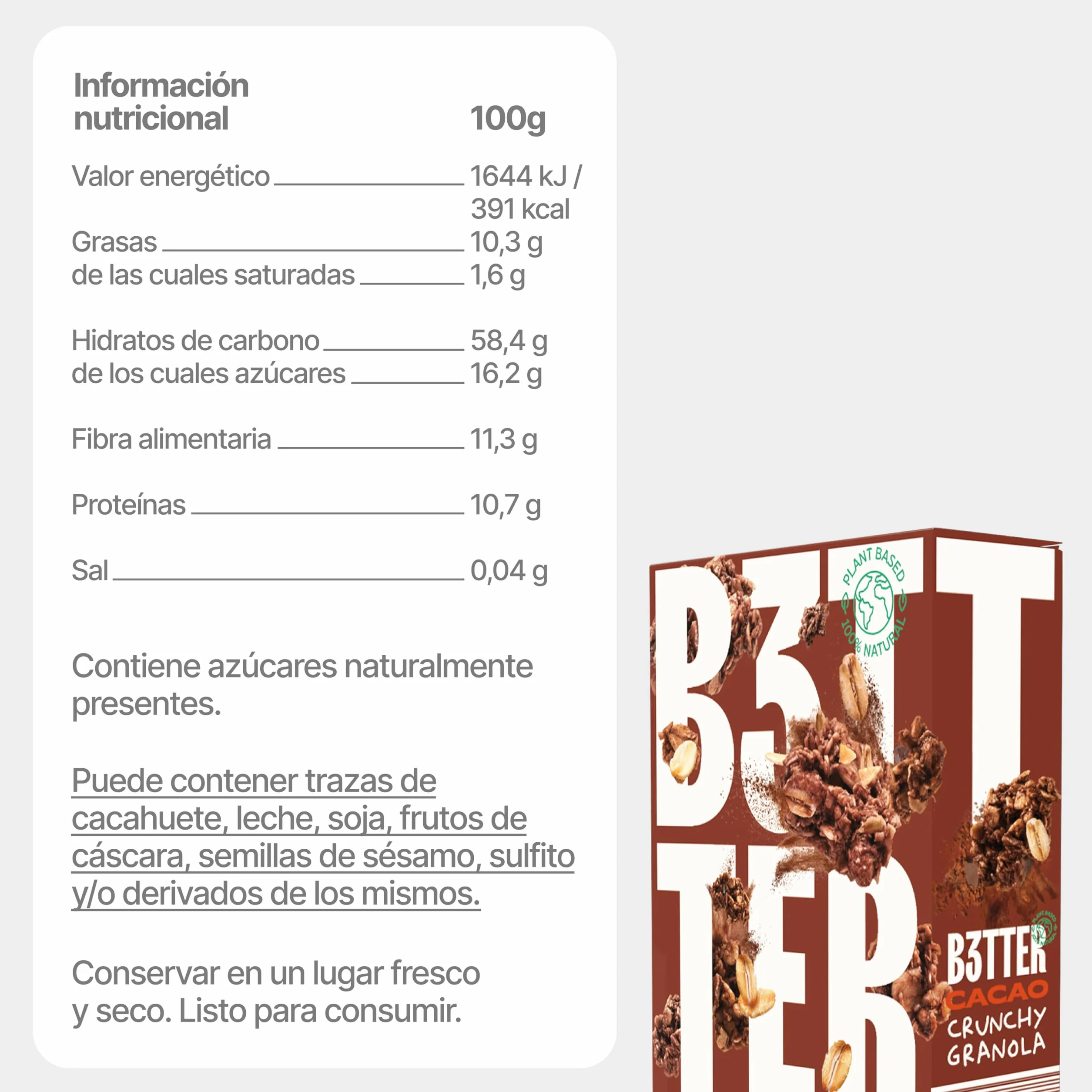 Granola B3TTER Cacao Crunchy Pack 8 x 300 g – Granola Sin Azúcar Añadido 100% Natural - Proteinas Vegetales - Cereales Integrales, Dátiles, Avellanas, Almendras - Rica en Fibra