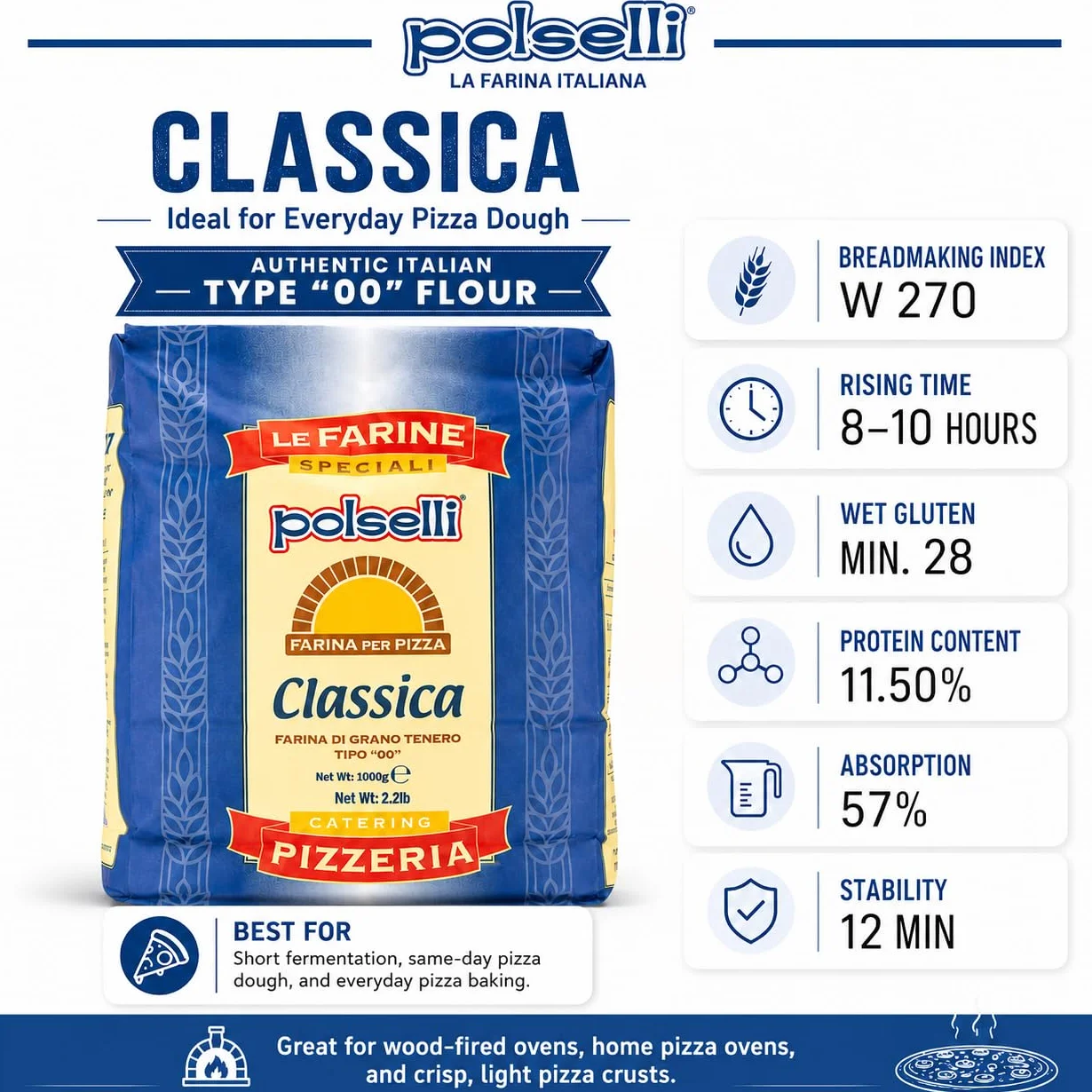 Polselli - Harina clásica italiana de trigo tierno, tipo "00", 5 kg, especial para pizza napolitana