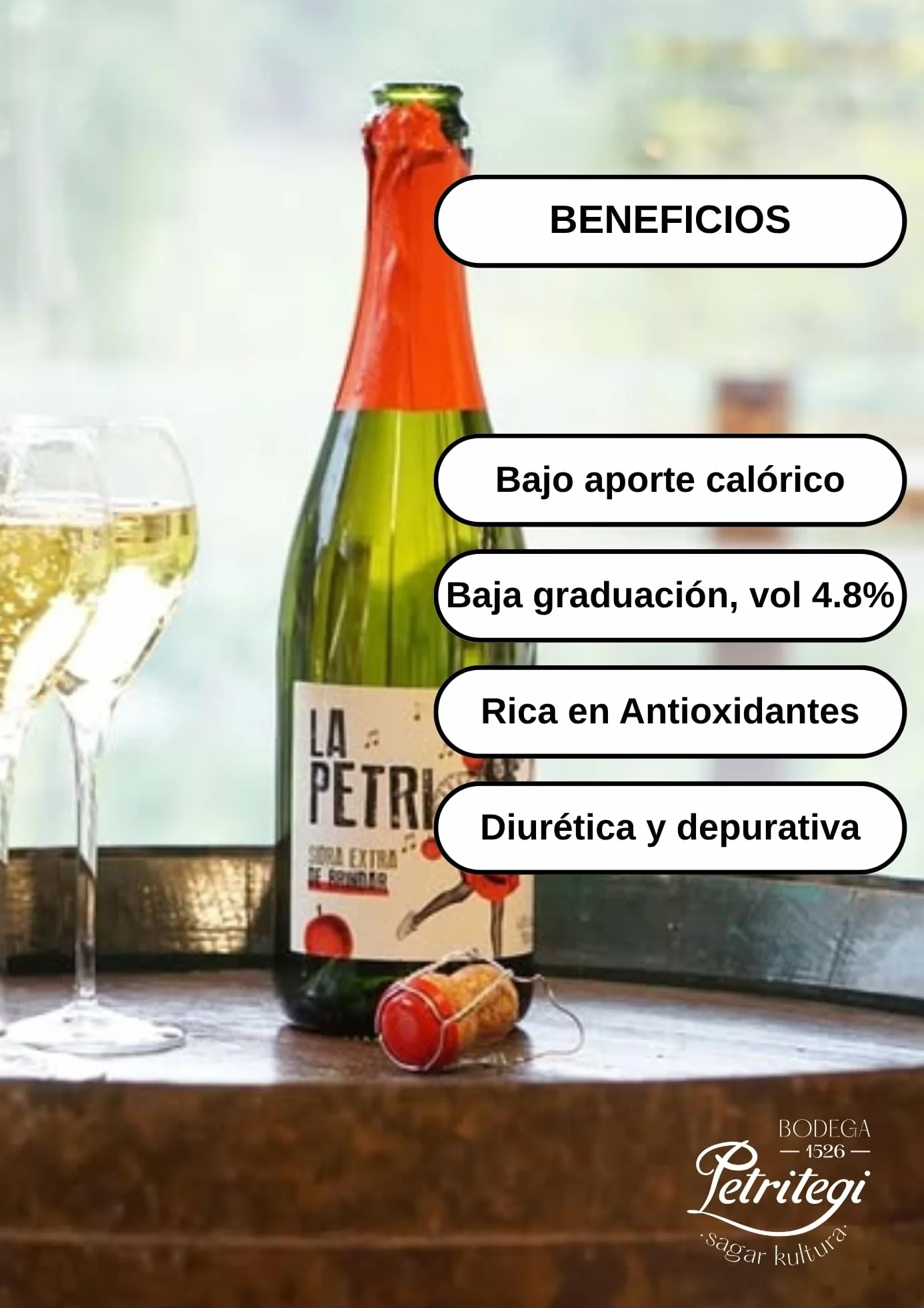 Sidra La Petri 750 ml Pack 6 botellas | Sidra natural vasca con manzana 100% | Petritegi Astigarraga | Vegana y sin gluten | Sidra espumosa 4.8% vol refrescante para aperitivo