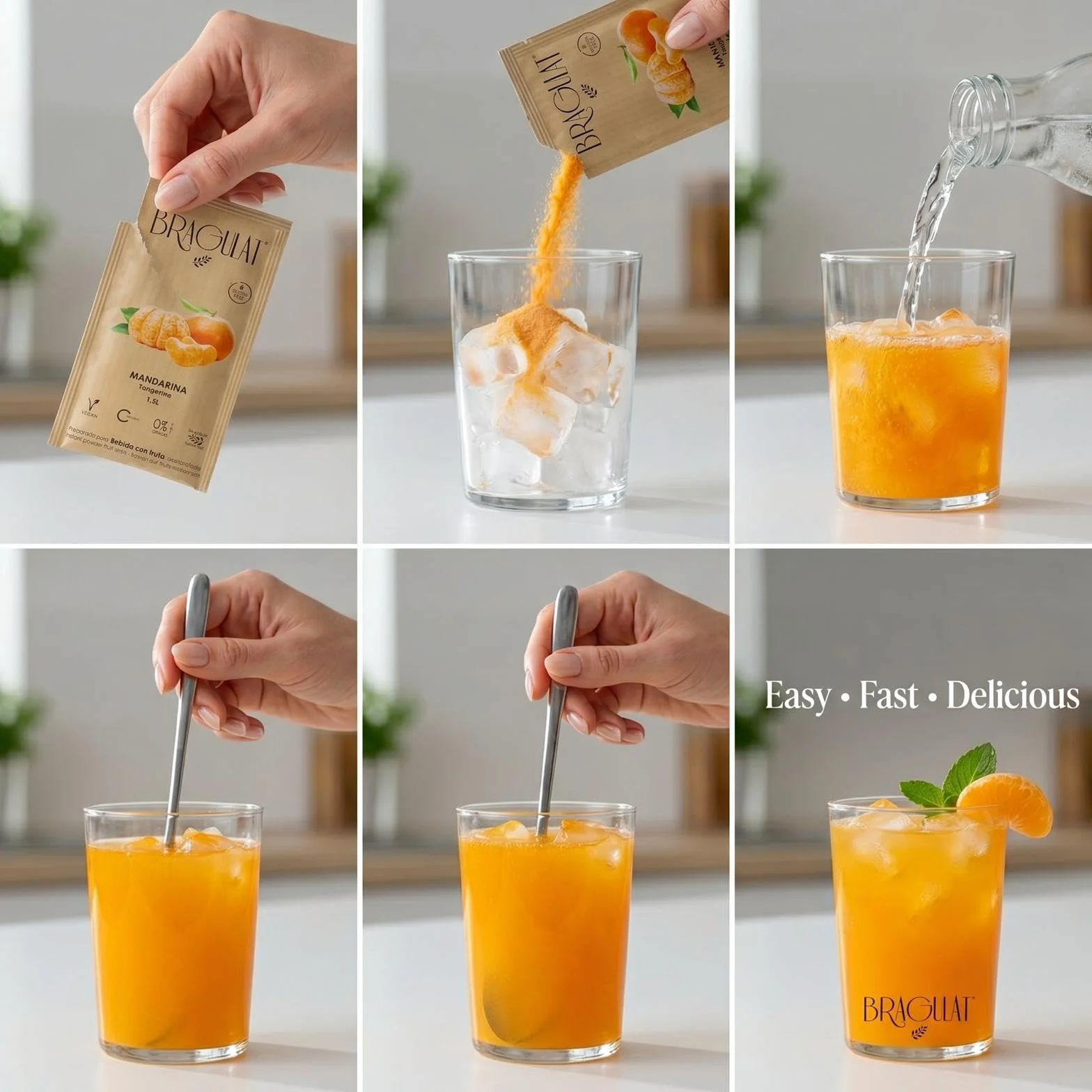 BRAGULAT/Saborizantes de agua Sin Azucar, con fruta deshidratada, Vitamina C y B12, colorantes y sabores naturales | 15 Sobres Multivitaminicos.