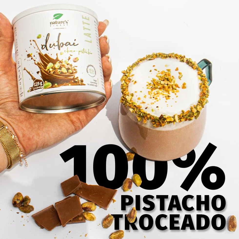 Nature's Finest Dubai Latte Mix con Pistacho, Cacao, Inulina y Clorella, 125 g - Bebida Vegana sin Azúcar Añadido - Apoyo Digestivo y Detox Natural - Bajo en Calorías, Apto para Dietas Keto y Low Carb