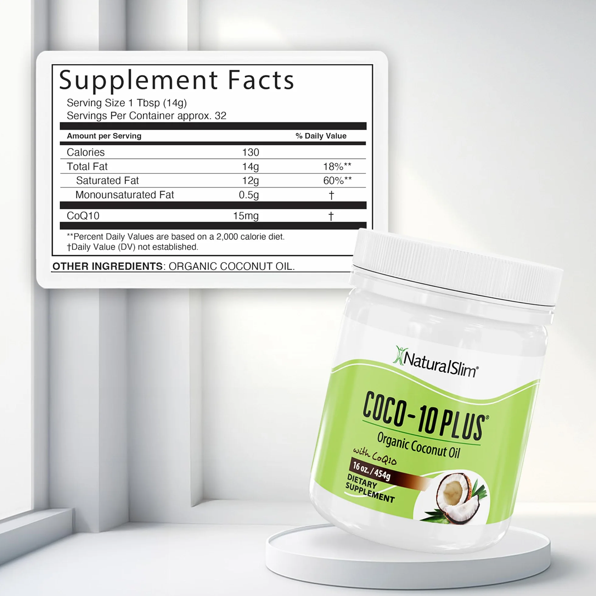 NaturalSlim Coco 10 Plus con CoQ10, Aceite de Coco Orgánico con MCT para hornear, mezclar o consumir directamente, Mejora la energía, el metabolismo y apoya el sistema inmunológico, 454g (Coco 10)