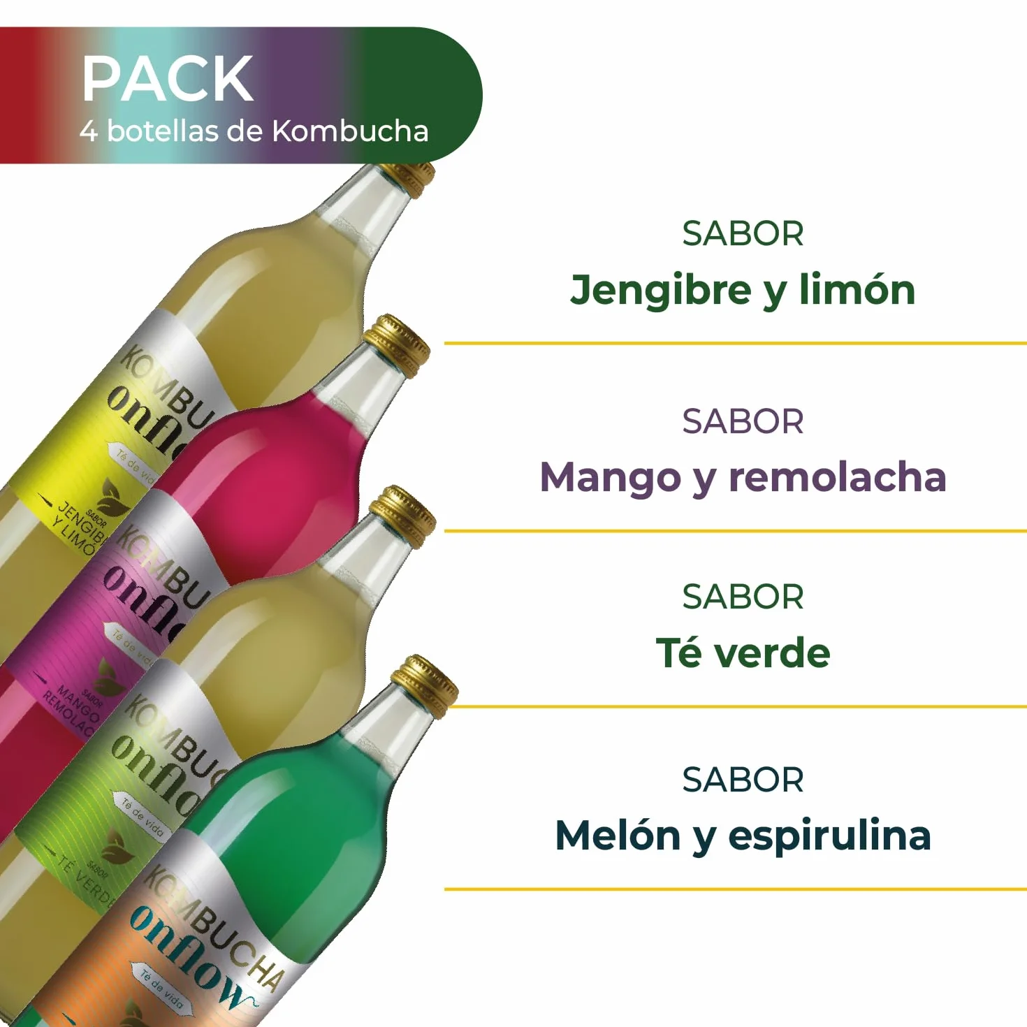 Kombucha Natural Onflow Sin Azúcar Pack 4 Botellas 1L Sabores Jenjibre-Limón Té Verde Mango-Remolacha Melón-Espirulina