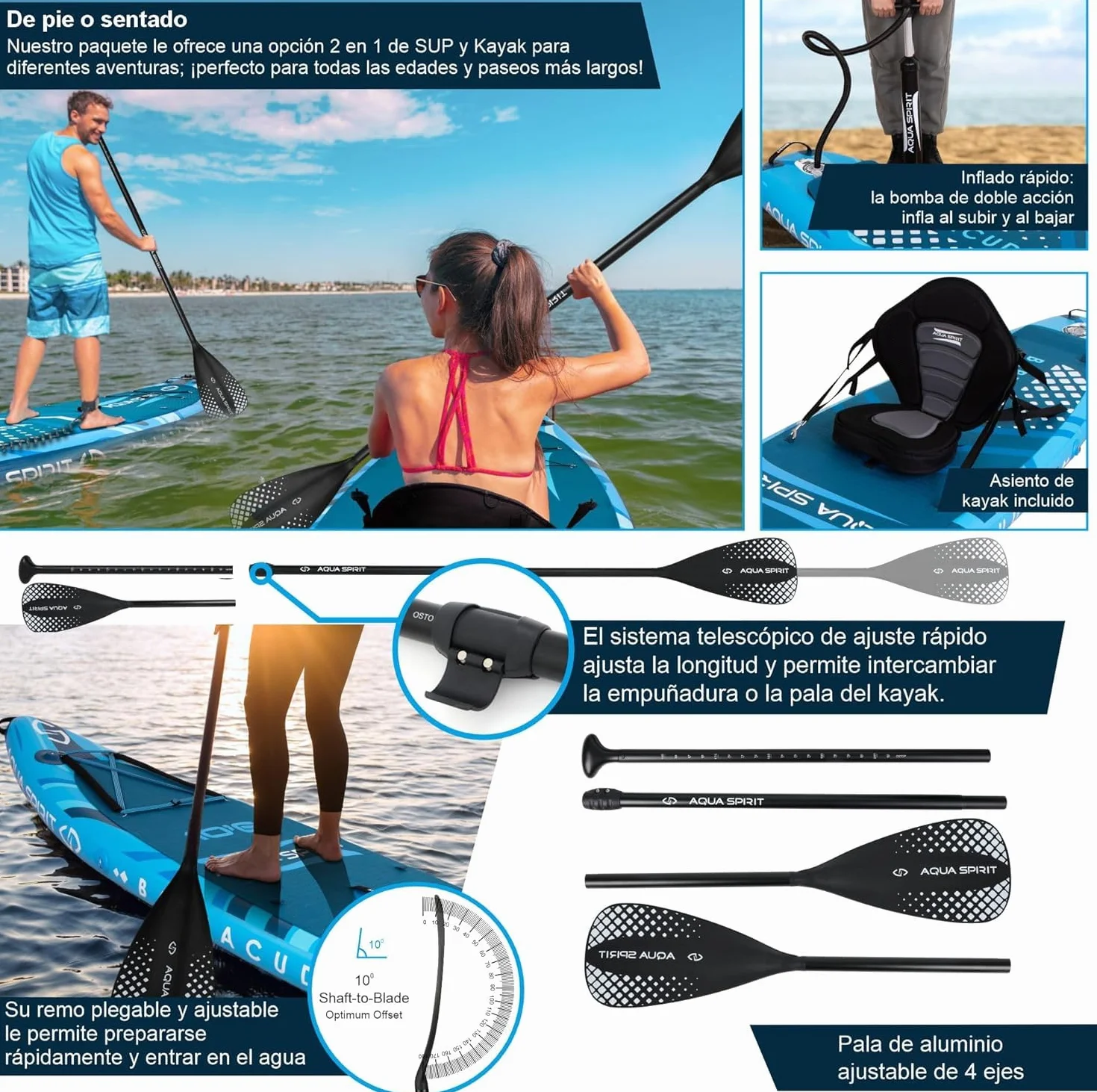 AQUA SPIRIT 320x79x15cm Sup Tabla Hinchable de Paddle Surf Kit de Conversión de Kayak con Pala Ajustable de Aluminio