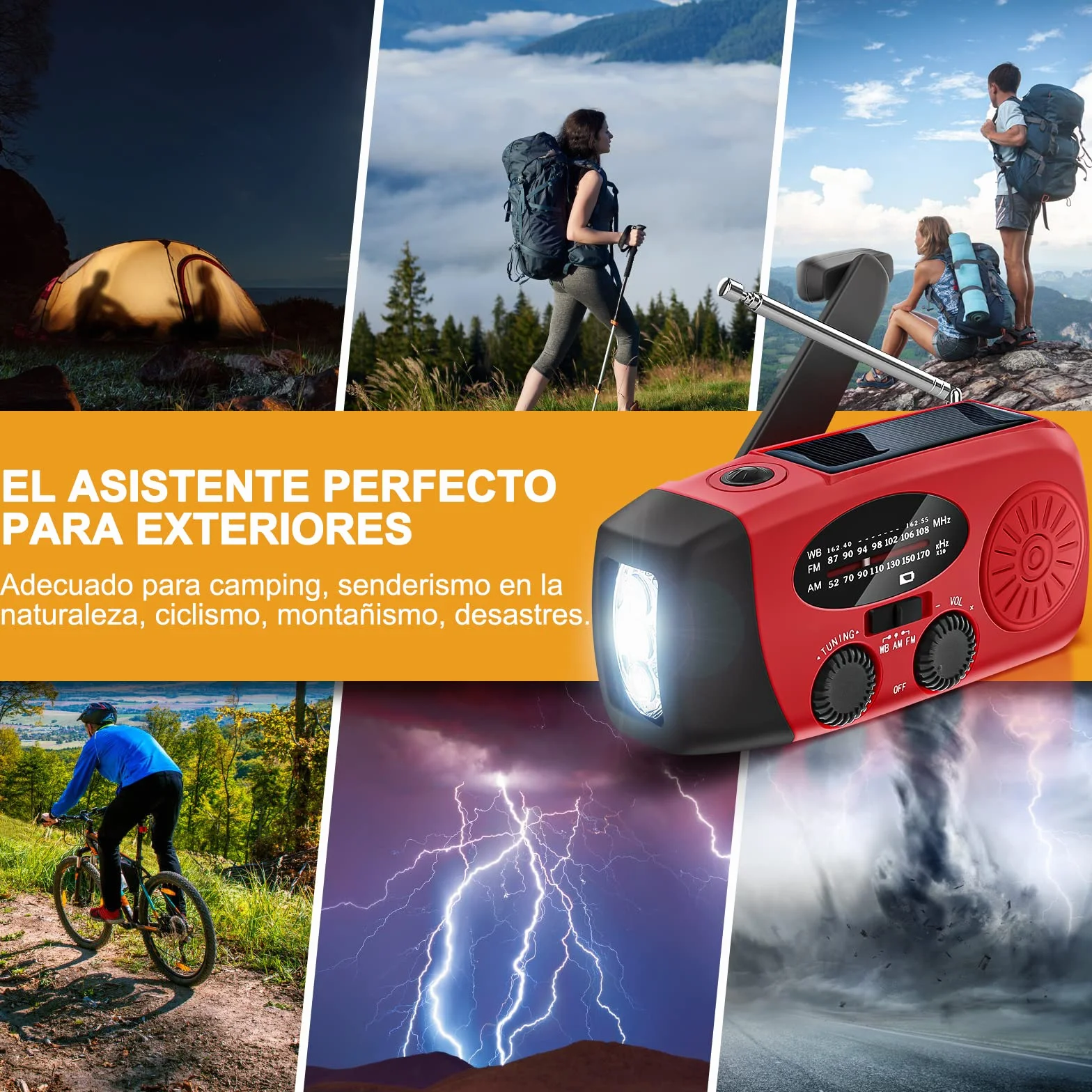 Radio Solar de Emergencia FM/AM/NOAA Portátil Manivela 2000mAh Power Bank Linterna SOS Recargable Camping