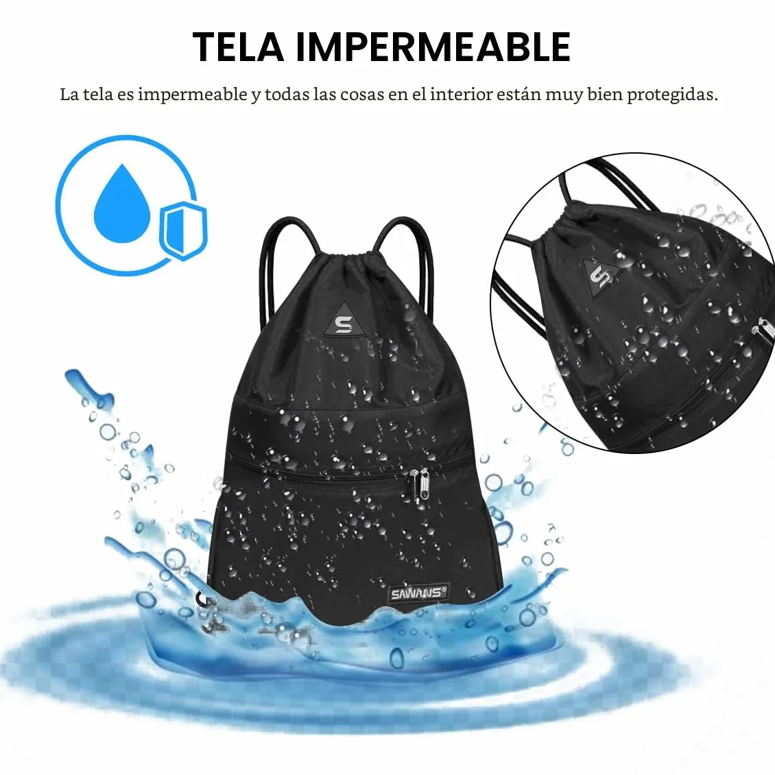 SAWANS Bolsa deportiva de gimnasio impermeable con cordón y bolsillo, kit de viaje para senderismo escuela estudiantes, bolsa de polietileno al aire libre Negra