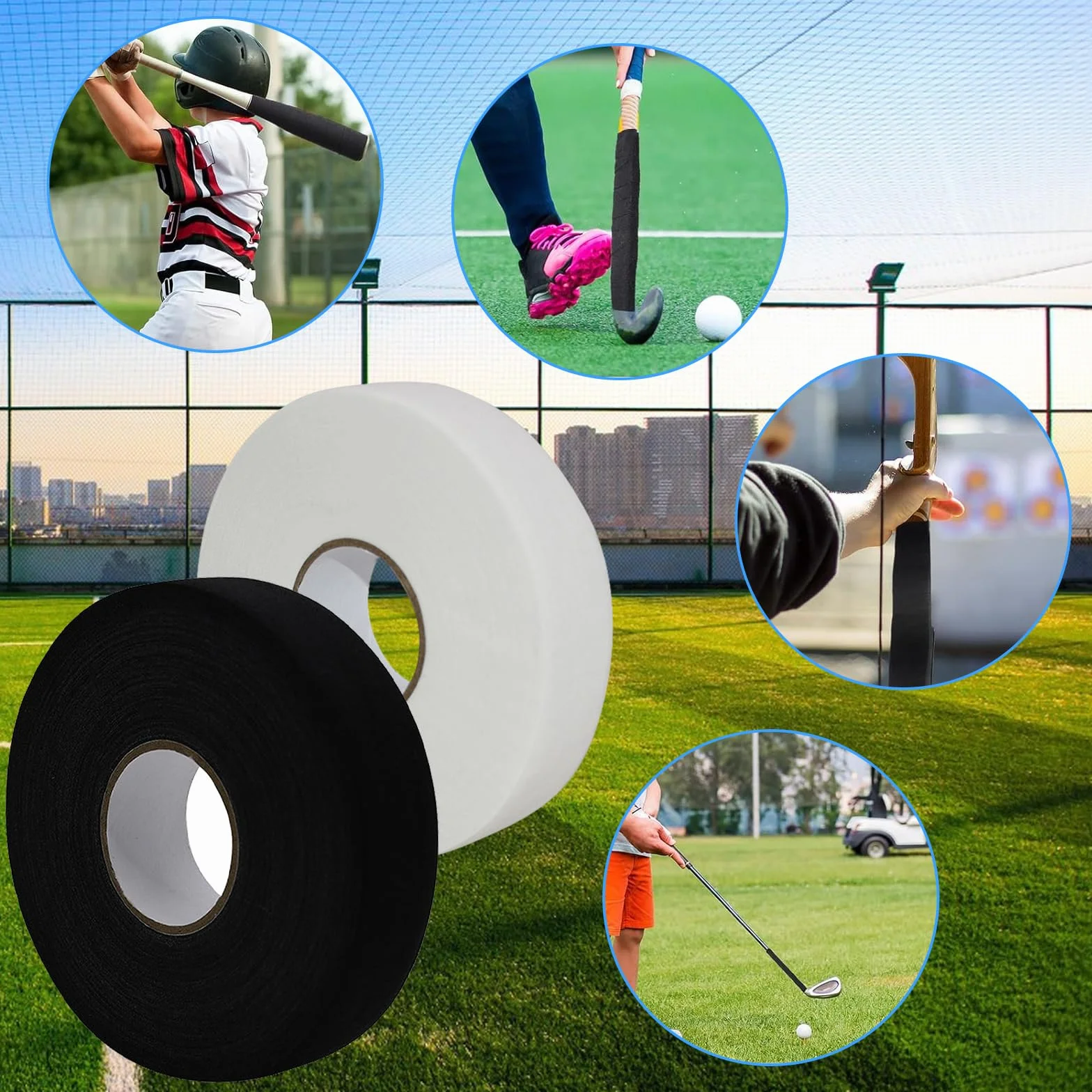 Cinta Hockey Autoadhesiva 25m x 25mm Palo Stick Agarre para Golf Tenis Bádminton (Negro Blanco)