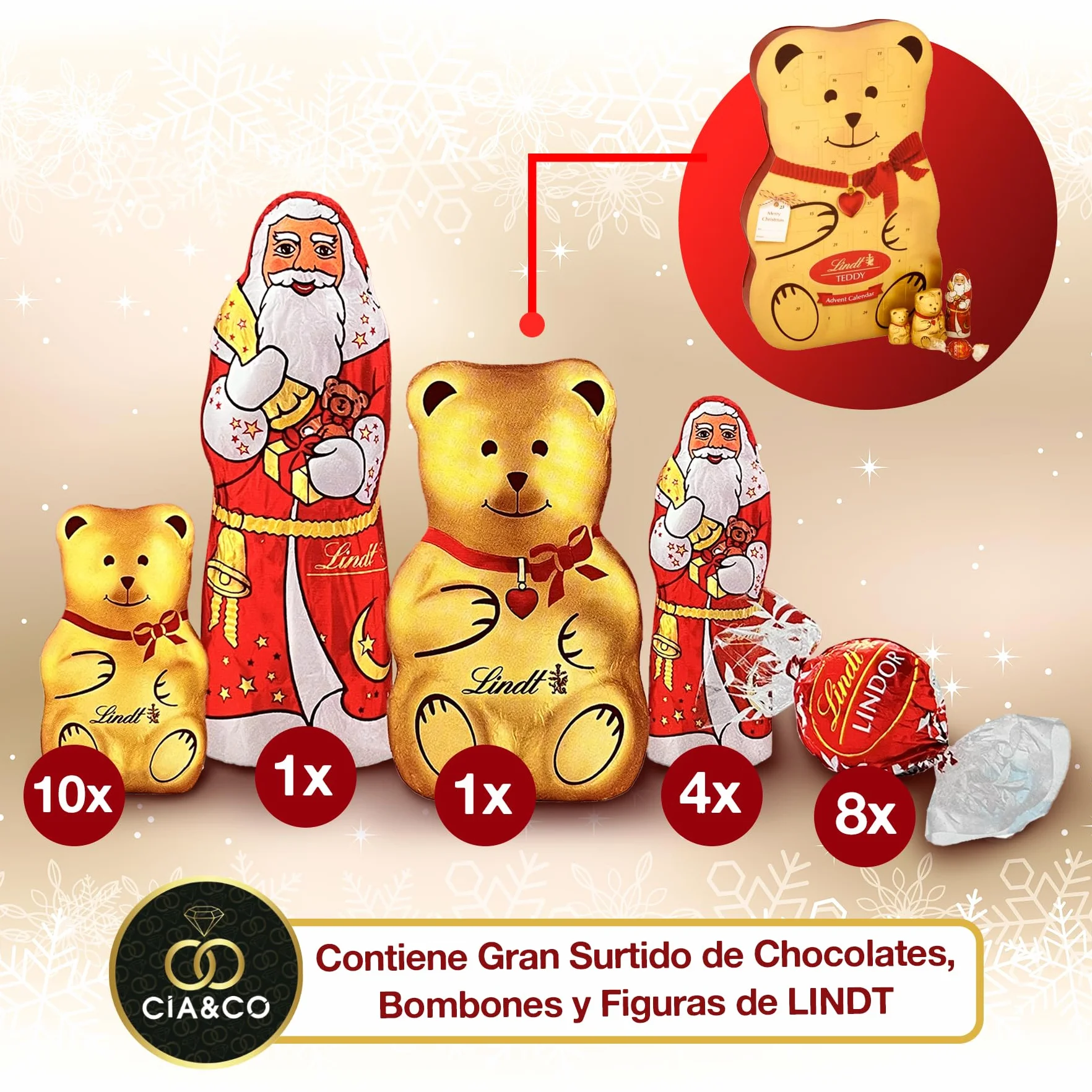 Gran Calendario de Adviento OSO TEDDY 2025 · Gran Formato 310 g · Incluye Tarjeta Personalizada Navidad Cia&Co · Surtido de Bombones y Figuras de Chocolate con Leche · Regalo Premium