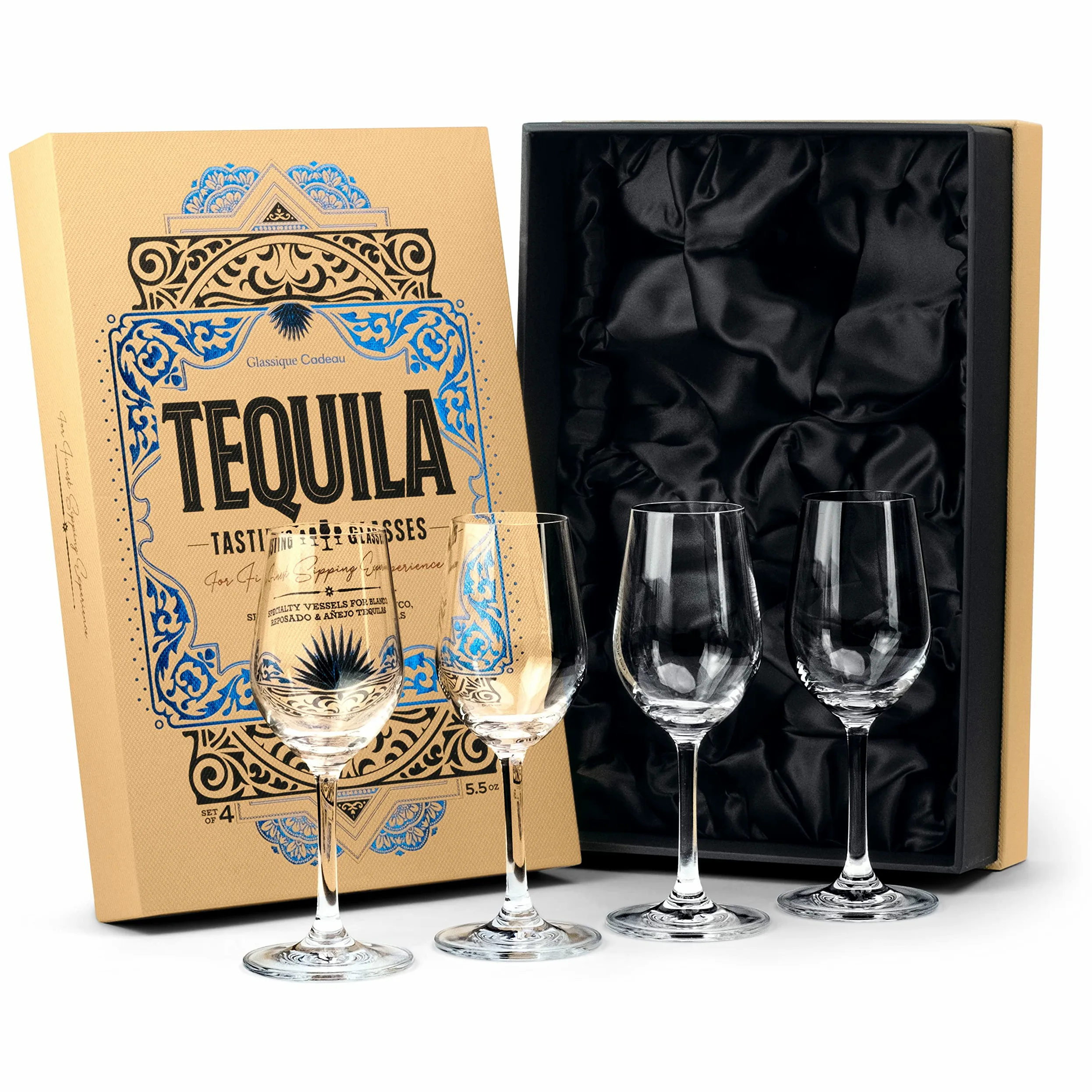 GLASSIQUE CADEAU Copas para Degustar Tequila | Juego de 4 | 160 ml | Vasos Profesionales de Cristal para Beber Tequila Blanco, Reposado y Añejo | Cristalería para Licores y Bebidas Espirituosas