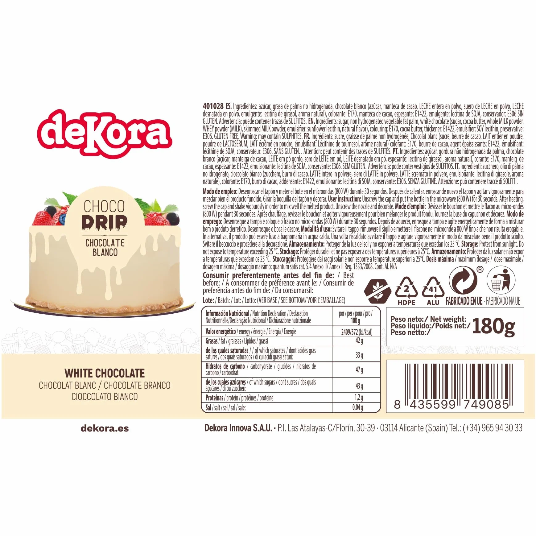 Dekora - Choco Drip Chocolate Blanco | Decoracion para Tartas de Chocolate Efecto Goteo - 180 g