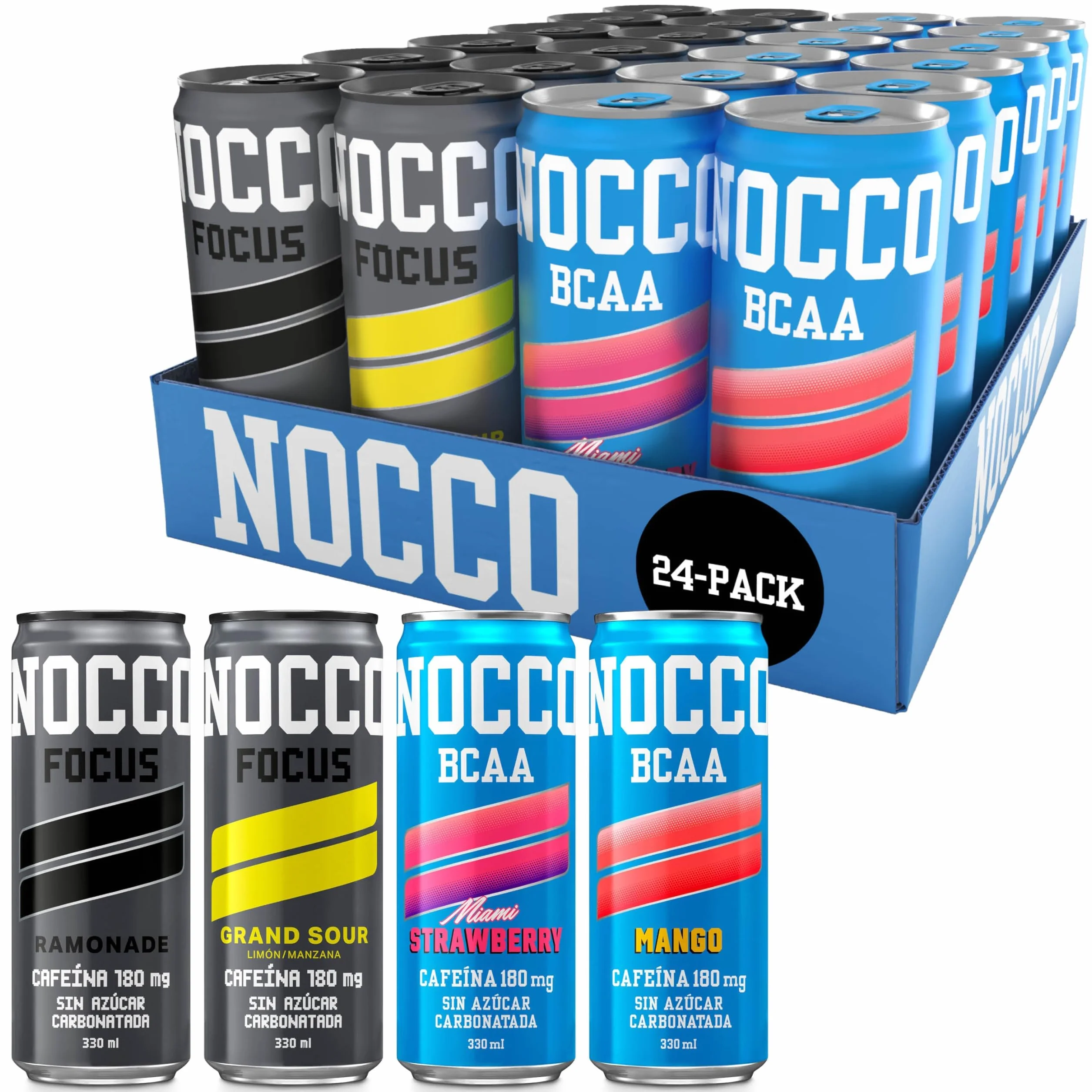 NOCCO BCAA - Bebida Energética con 180mg Cafeína, 3000 mg BCAA, Sin Azúcar, Sin Carbohidratos, Enriquecida con Vitaminas - 24 x 330ml inkl. Pfand (Mix Sabores)