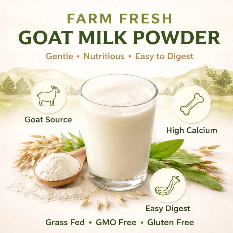 Leche de cabra orgánica en polvo para energía, digestión y piel