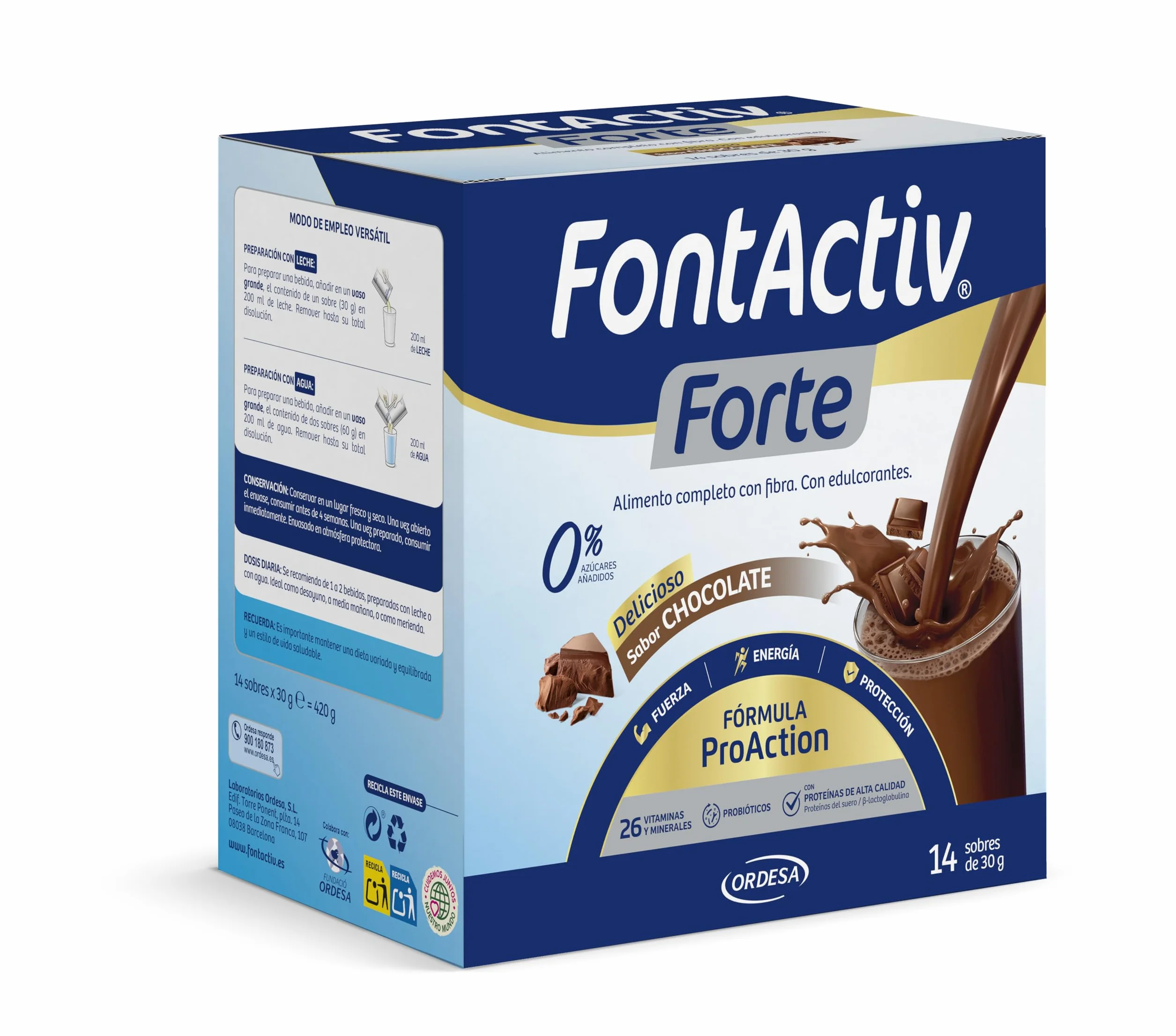 FontActiv Forte ProAction Chocolate | 14 Sobres | Suplemento Nutricional con Fibra para Adultos - 0% Azúcares añadidos