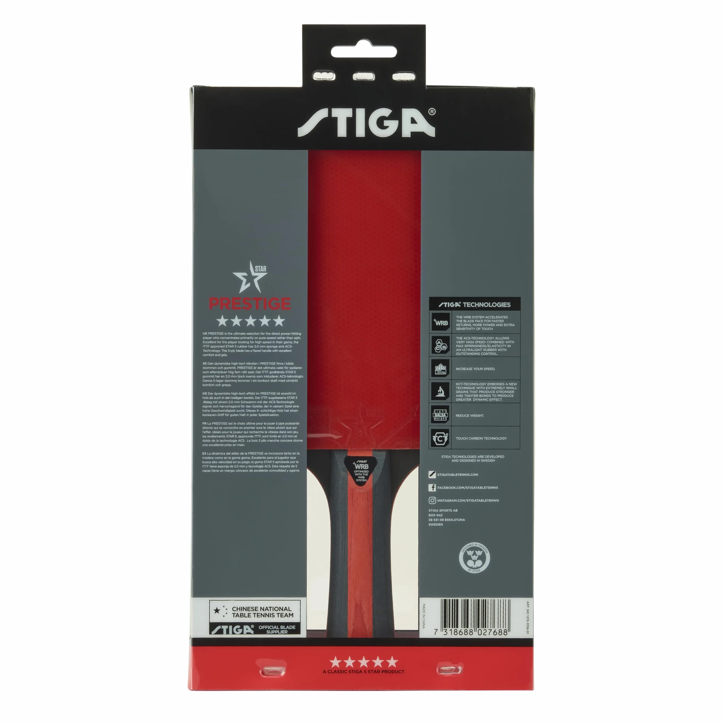 STIGA Prestige 5-Star Table Tennis Racket Professional High-Speed Ping Pong Paddle ITTF-Approved Rubber 2.0mm Sponge WRB Technology